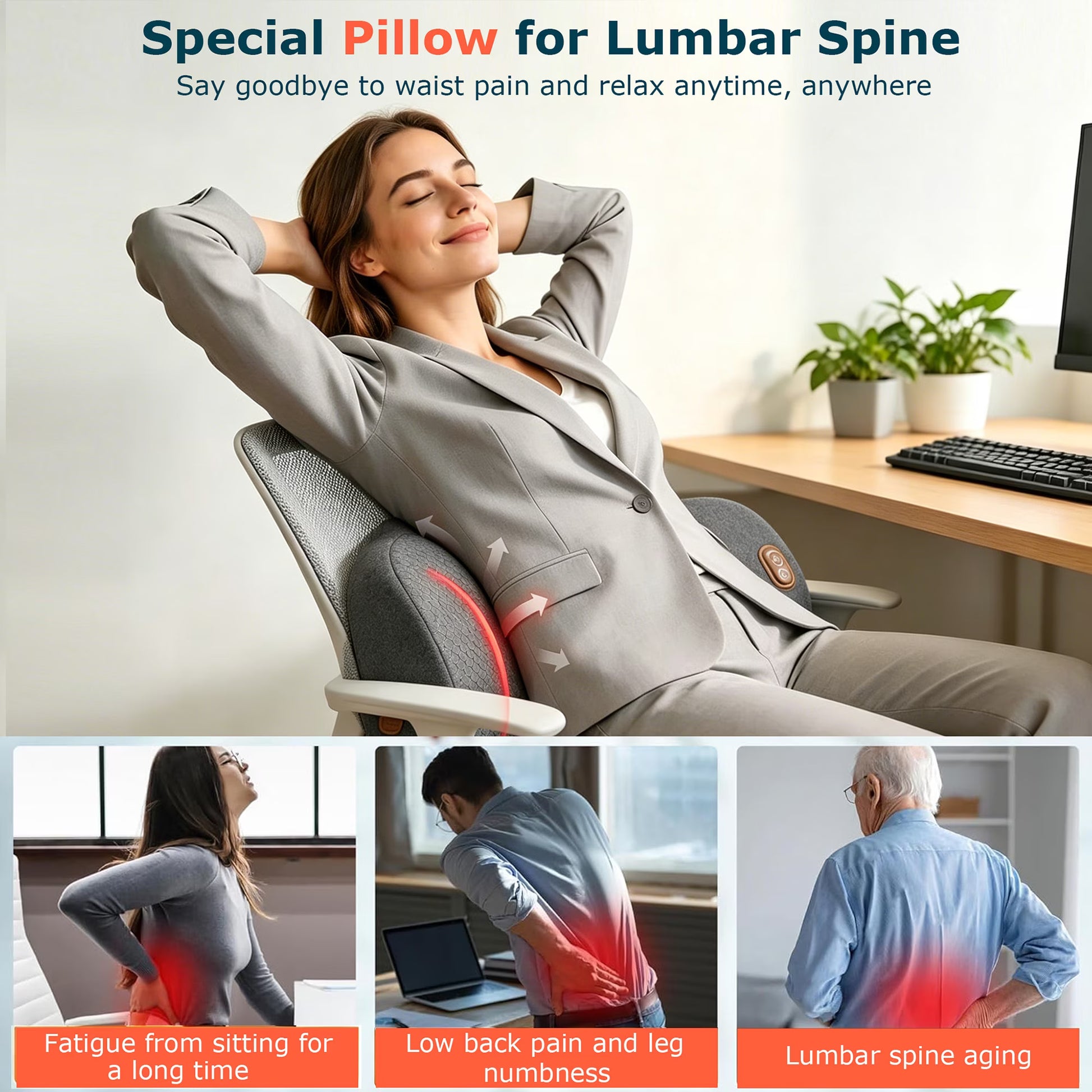 Morfone 3 in 1 Back Massager with Heat, Vibration and Stretch, Ergonomic Lumbar Support Pillow for Lower Back Relaxation, Deep Tissue Massager for Bed, Chair, Office, Home Use