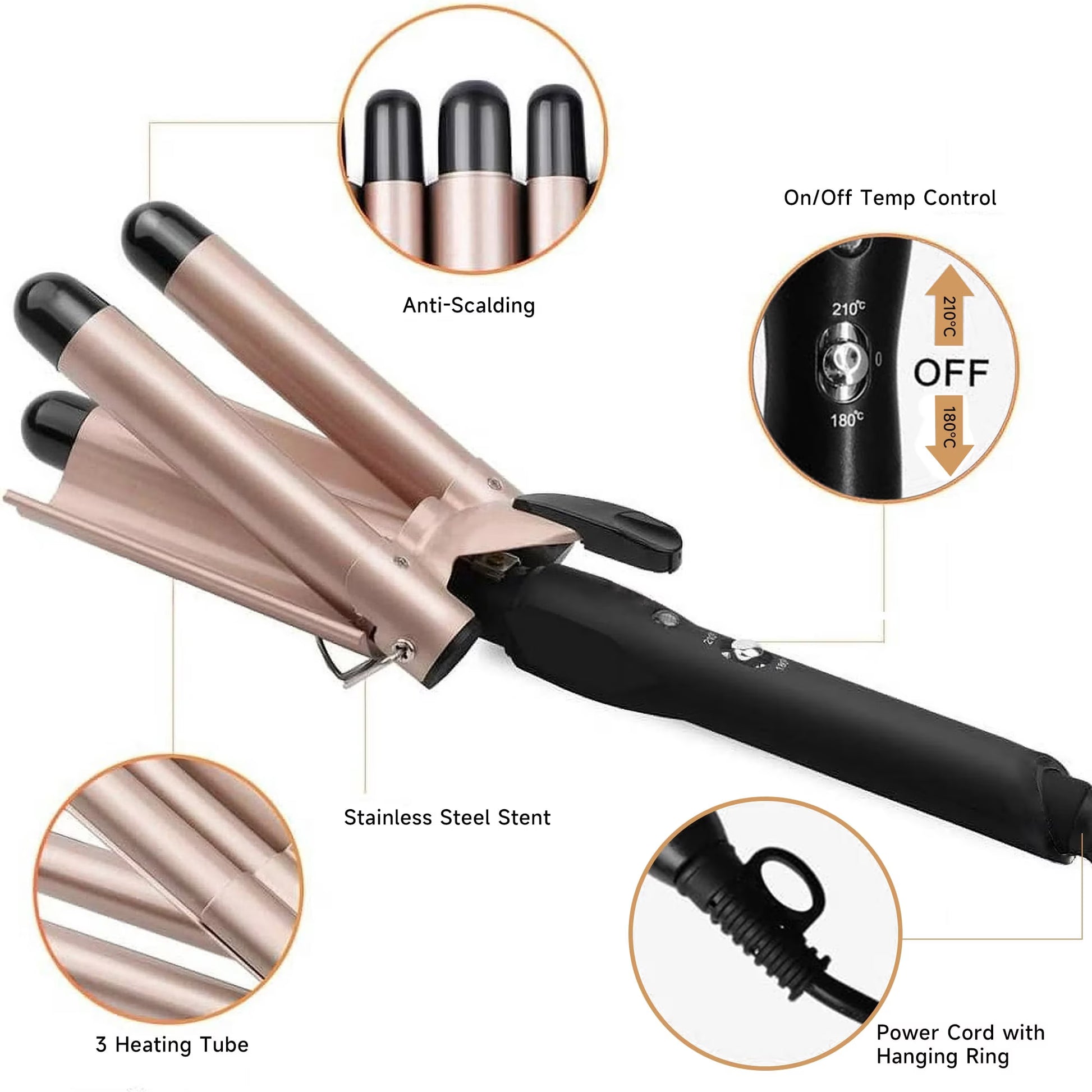 Morfone 3 Jumbo Barrel Curling Iron Wand 22mm Hair Waver Temperature Adjustable Ceramic Big Waves Hair Crimper (Gold)