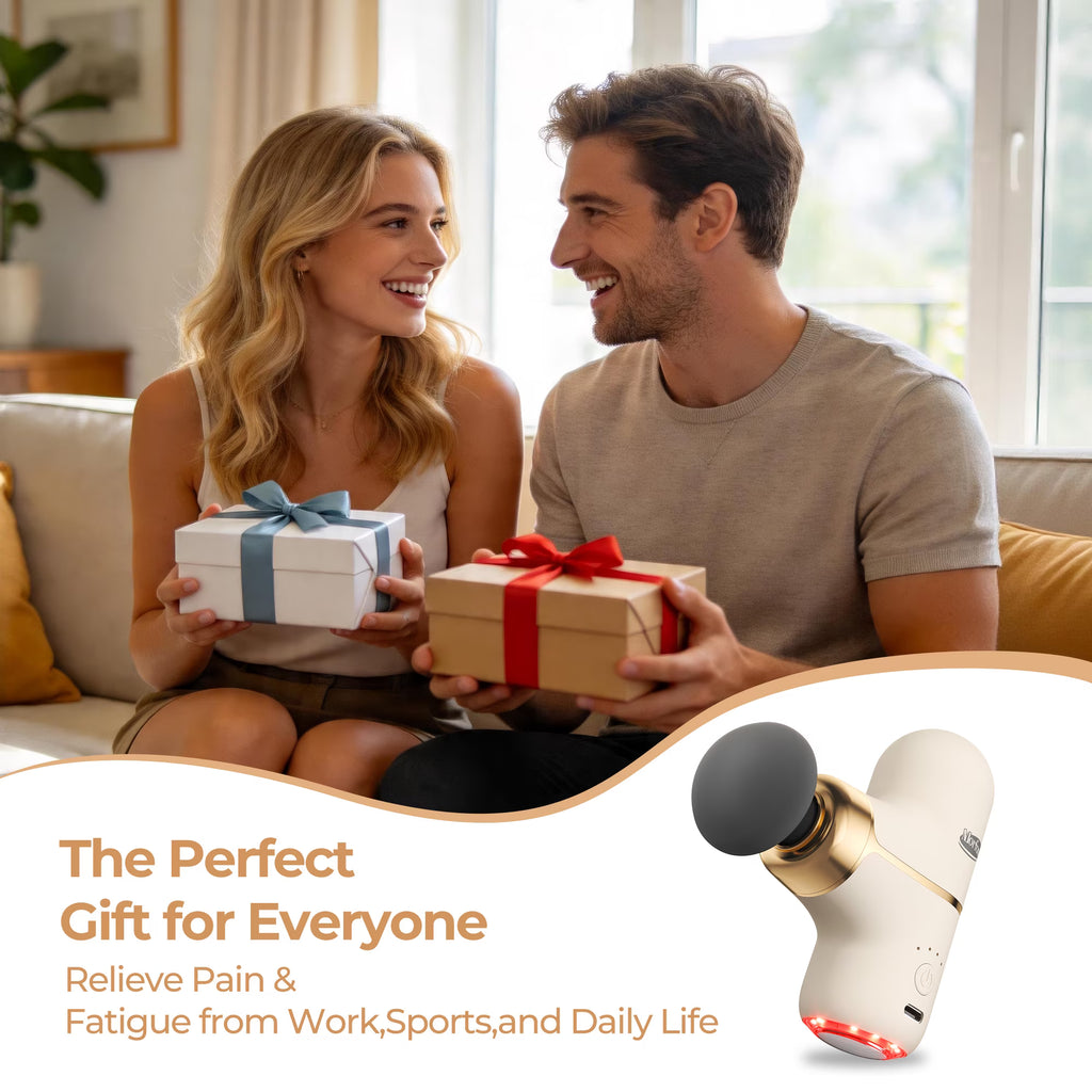 Morfone Mini Massage Gun with Red Light & Heat, Portable Deep Tissue Massager with 4 Heads for Home Office Travel