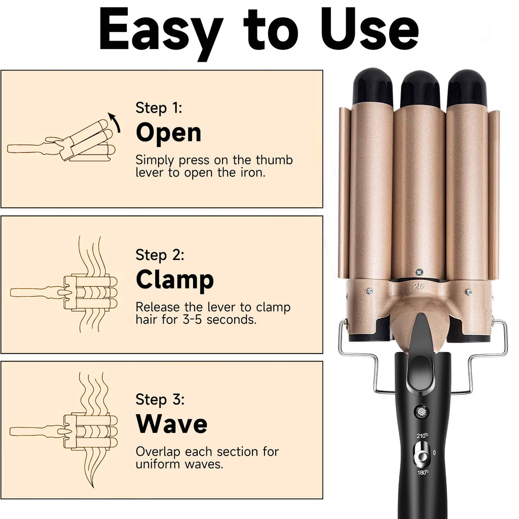 Morfone 3 Jumbo Barrel Curling Iron Wand 22mm Hair Waver Temperature Adjustable Ceramic Big Waves Hair Crimper (Gold)