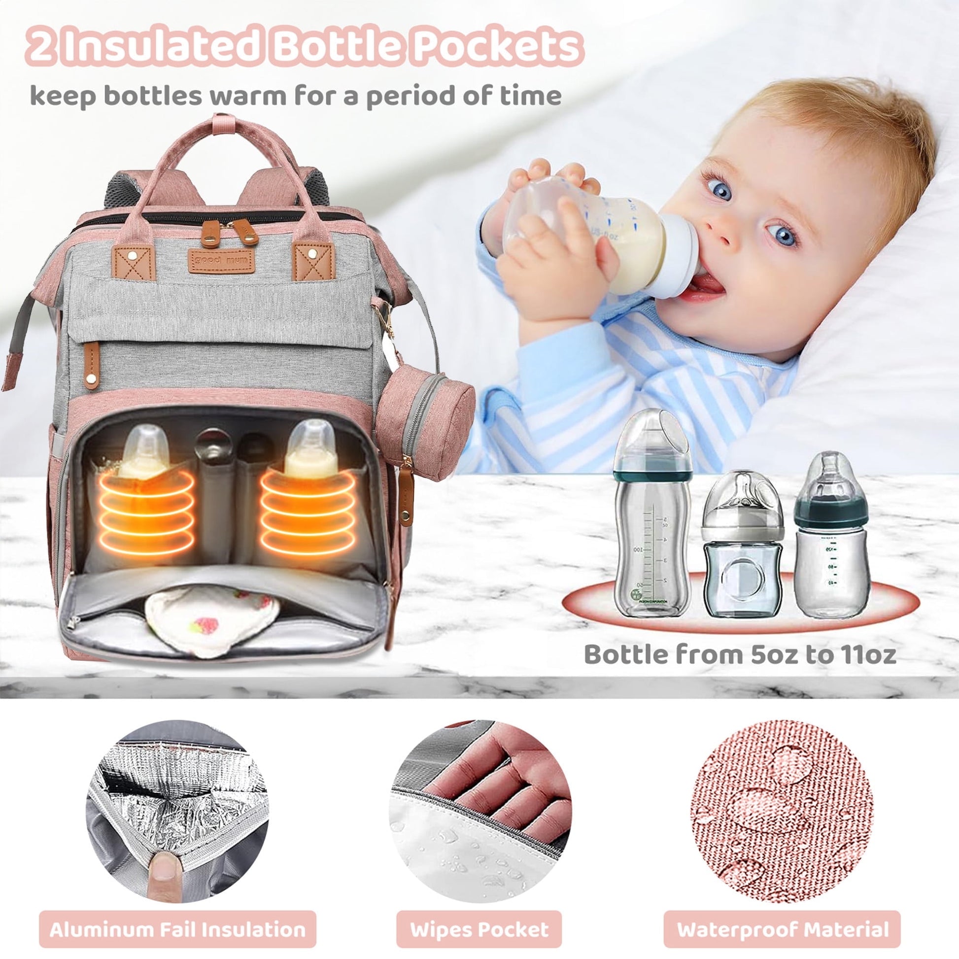 Morfone Baby Diaper Bag Backpack with Changing Station, Large Capacity Baby Bag, Waterproof Travel Backpack with USB Charging Port, Stroller Straps , Baby Shower Gifts