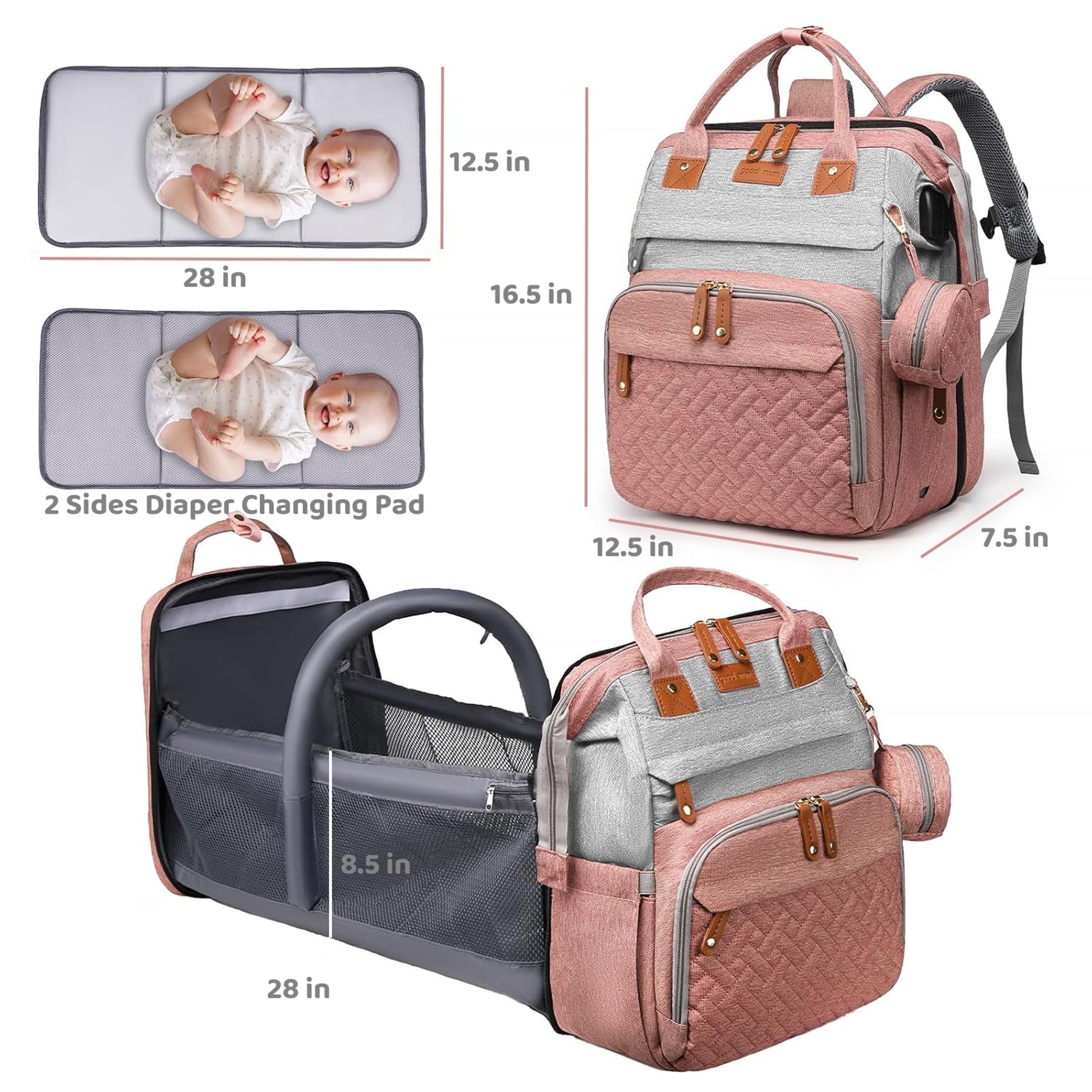 Morfone Baby Diaper Bag Backpack with Changing Station, Large Capacity Baby Bag, Waterproof Travel Backpack with USB Charging Port, Stroller Straps , Baby Shower Gifts