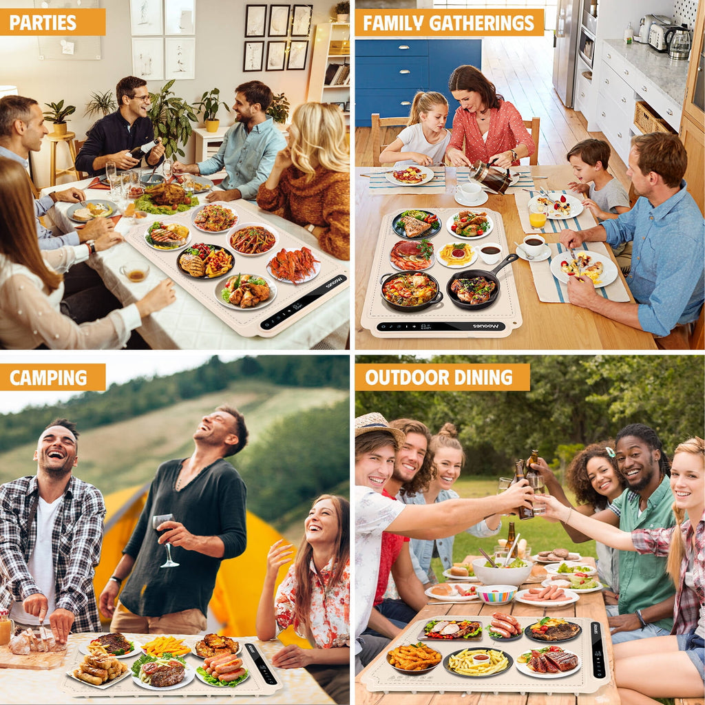 ACMETOP Food Warming Mat, Portable Silicone Electric Warming Tray, Versatile Full Surface 10s Heating Food Warmer with 7 Level Temperature & Timer for home dinner, Parties, Buffets andTravel (Beige)