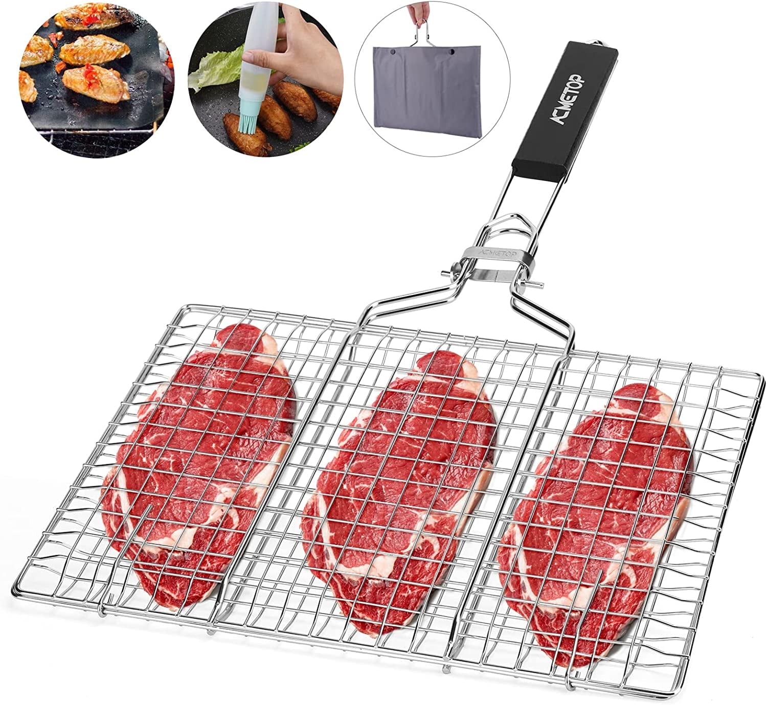 ACMETOP Portable BBQ Grill Basket Stainless Steel Fish Grill Basket with Removable Handle, Grill Accessories for Outdoor Grill Vegetables Fishes Shrimp -【Bonus Grill Mat, Sauce Brush & Carrying Pouch】