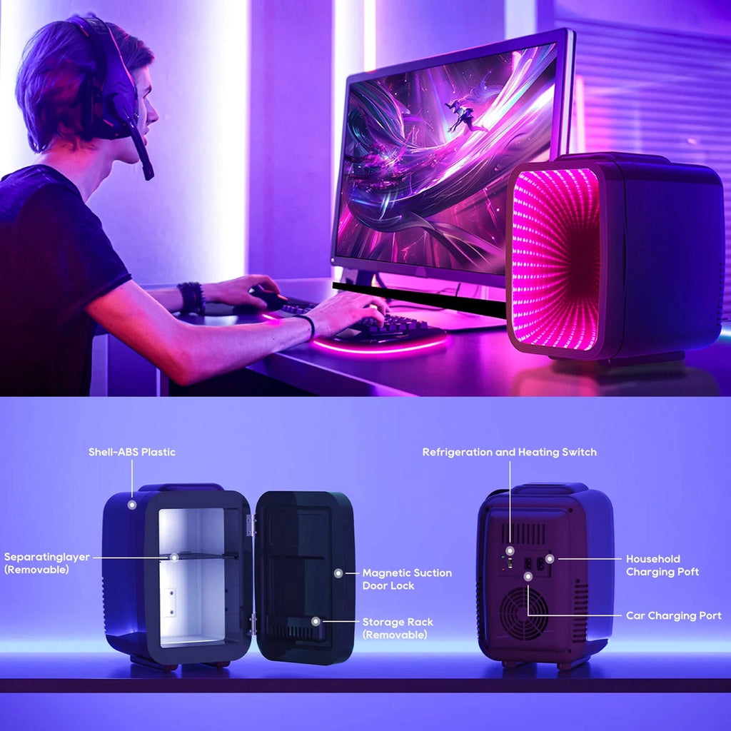 ACMETOP Mini Fridge, 4 Liter/6 Cans Small Refrigerator With Dimmable LED Light,AC/DC Portable Thermoelectric Cooler and Warmer for Bedroom,Office,Gaming room and Car