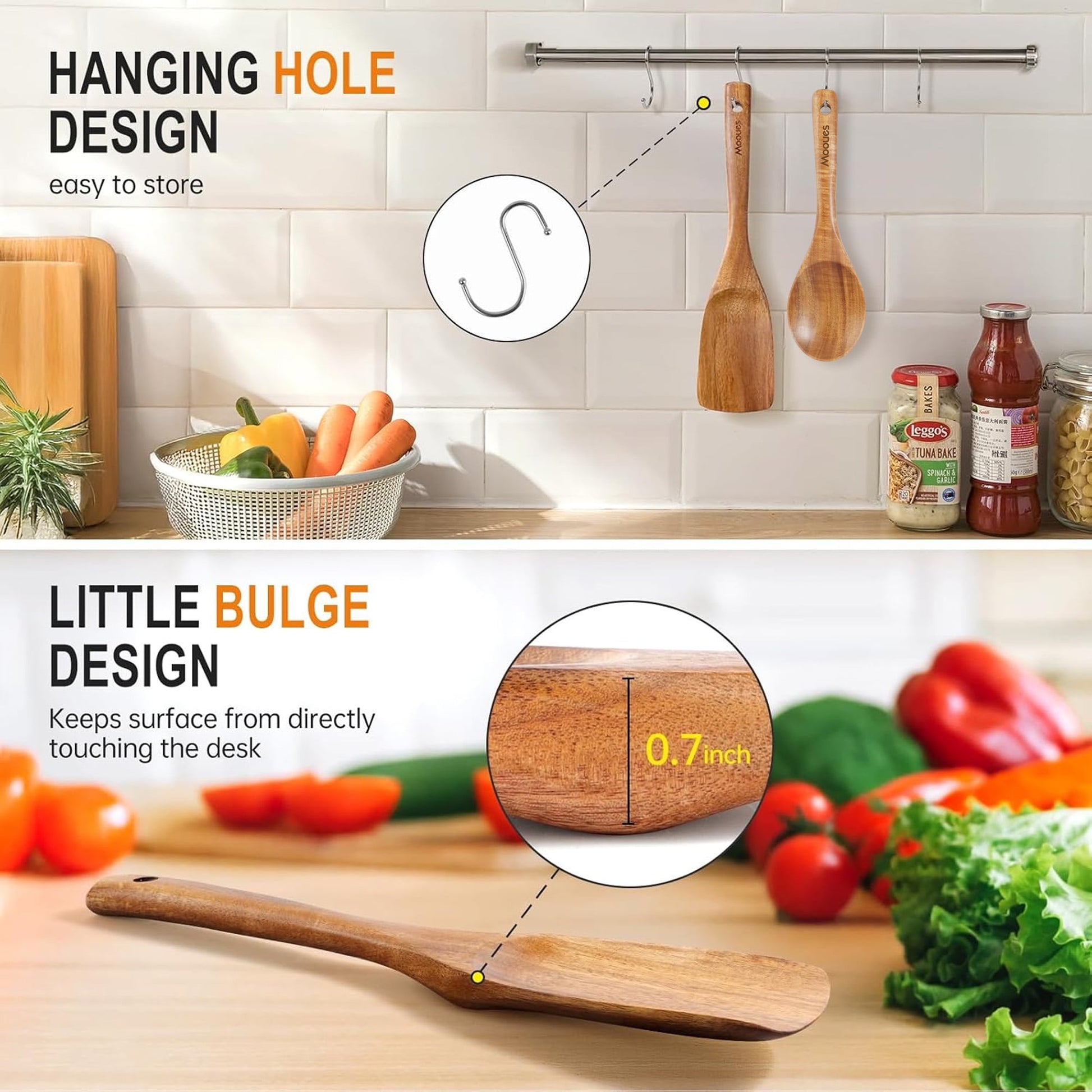 ACMETOP Wooden Spoon Utensils with Thick Handle, Set of 2, Wood Spatula for Frying Scraping and Mixing, Wooden Kitchen Cooking Utensils for Nonstick Cookware