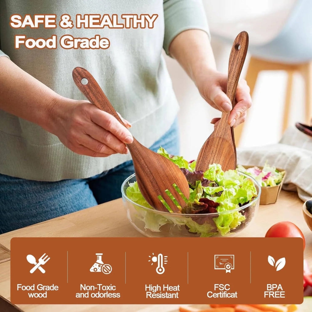 ACMETOP Wooden Spoons for Cooking, 9 Pcs Natural Teak Kitchen Utensil Set with Utensils Holder & Spoon Rest, Wooden Cooking Utensils for Nonstick Pans & Cookware