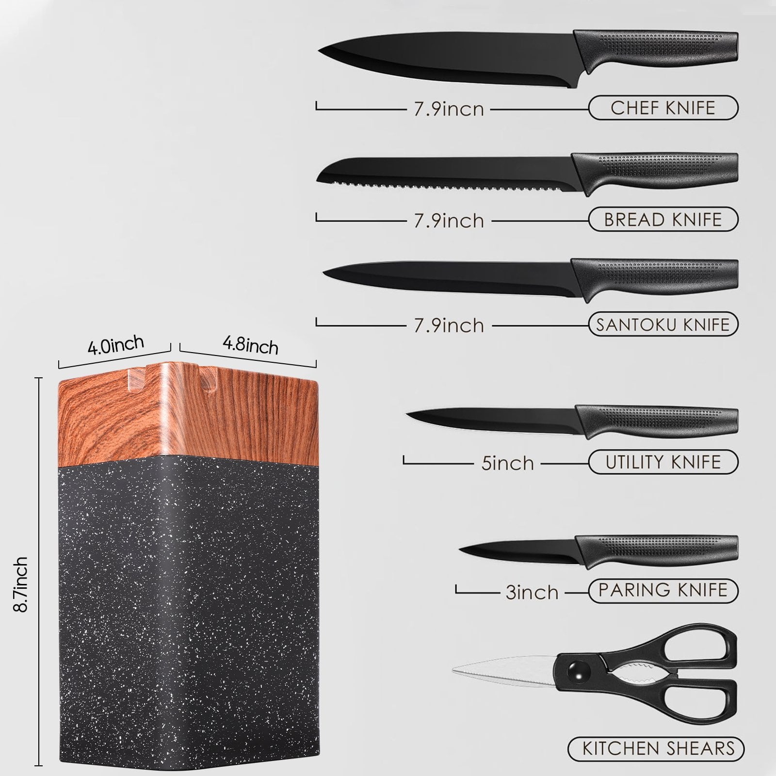 ACMETOP Knife Set, 7 Piece High Carbon Stainless Steel Kitchen Knife Block Set with Built in Sharpener, Black