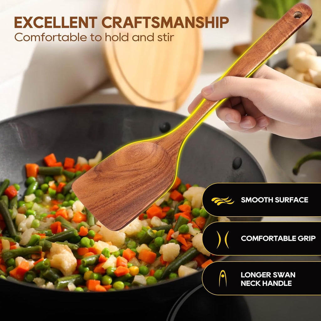 ACMETOP Wooden Spoons for Cooking, 9 Pcs Natural Teak Wooden Utensil Set,Kitchen Utensil Set with Utensils Holder & Spoon Rest, Wooden Cooking Utensils for Nonstick Pans & Cookware,Best Gift for Mom