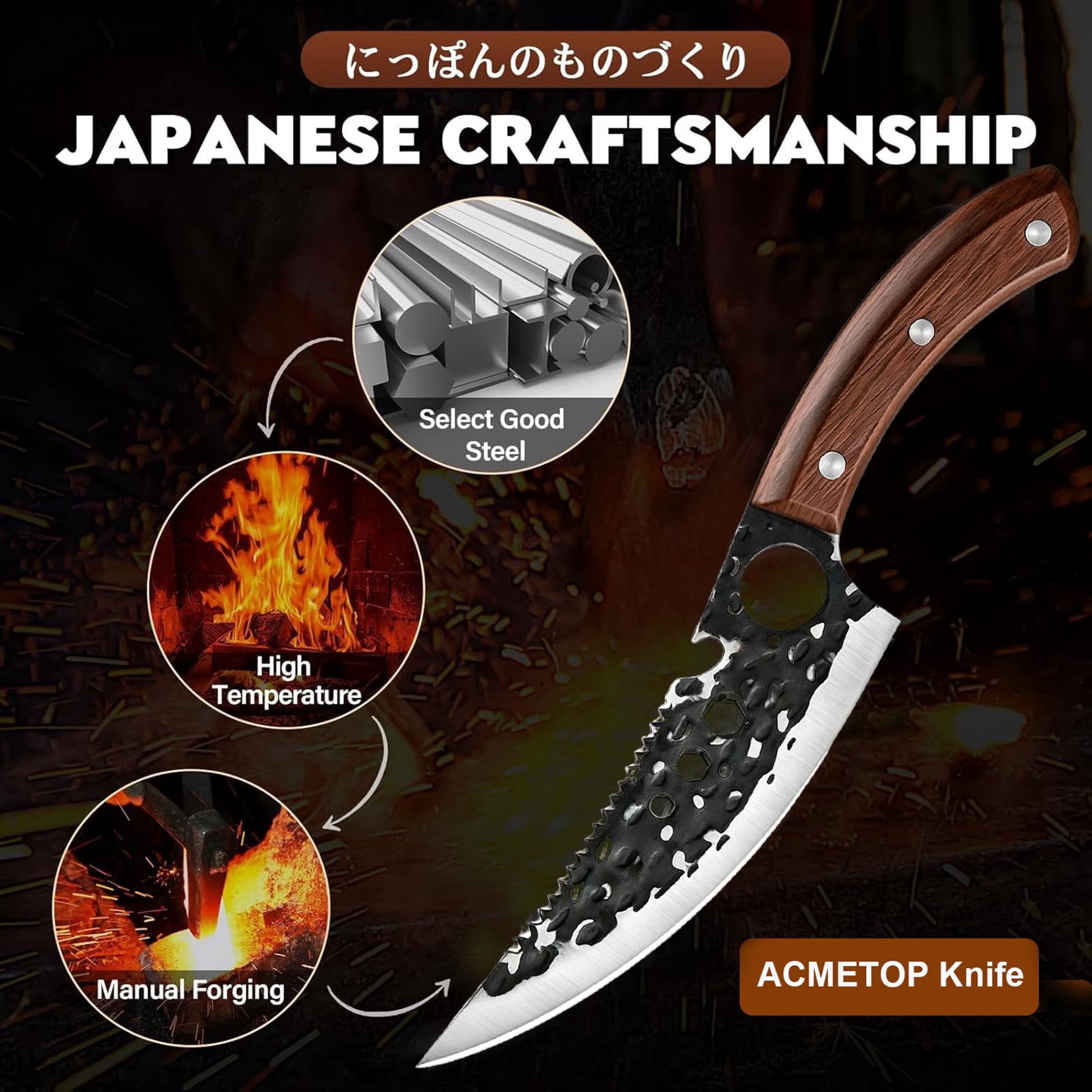 ACMETOP Viking Knife with Sheath - Hand Forged Butcher Knife for Meat Cutting - High Carbon Steel Meat Knives- Multipurpose Japanese Chef Knives for Camping, Outdoor, BBQ, Gift for Men and Women