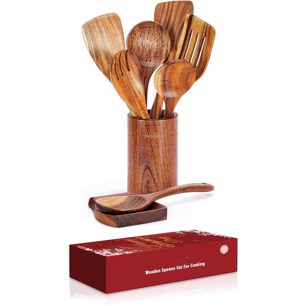 ACMETOP Wooden Spoons for Cooking, 9 Pcs Natural Teak Wooden Utensil Set,Kitchen Utensil Set with Utensils Holder & Spoon Rest, Wooden Cooking Utensils for Nonstick Pans & Cookware,Best Gift for Mom