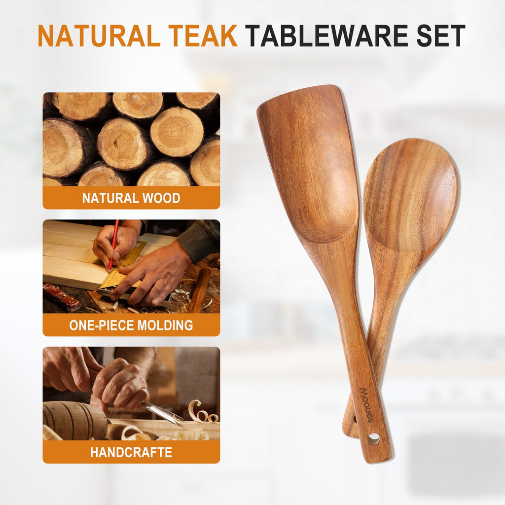 ACMETOP Wooden Spoon Utensils with Thick Handle, Set of 2, Wood Spatula for Frying Scraping and Mixing, Wooden Kitchen Cooking Utensils for Nonstick Cookware