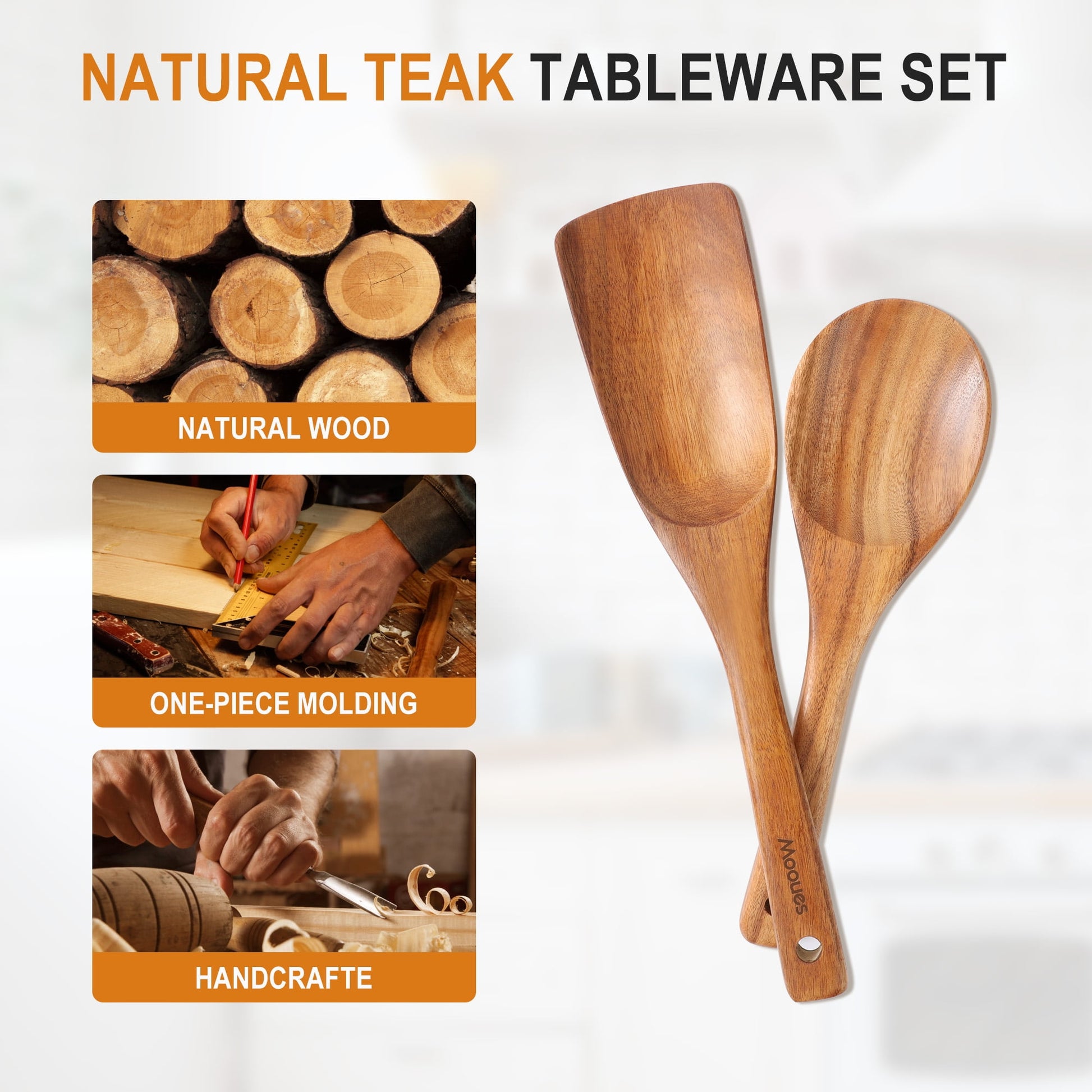 ACMETOP Wooden Spoon Utensils with Thick Handle, Set of 2, Wood Spatula for Frying Scraping and Mixing, Wooden Kitchen Cooking Utensils for Nonstick Cookware