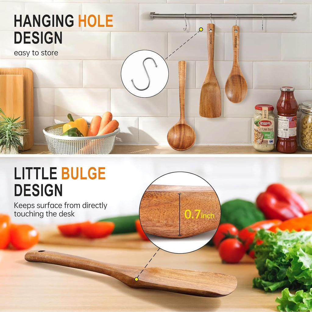 ACMETOP Wooden Spoon Utensils with Thick Handle, Set of 2, Wood Spatula for Frying Scraping and Mixing, Wooden Kitchen Cooking Utensils for Nonstick Cookware