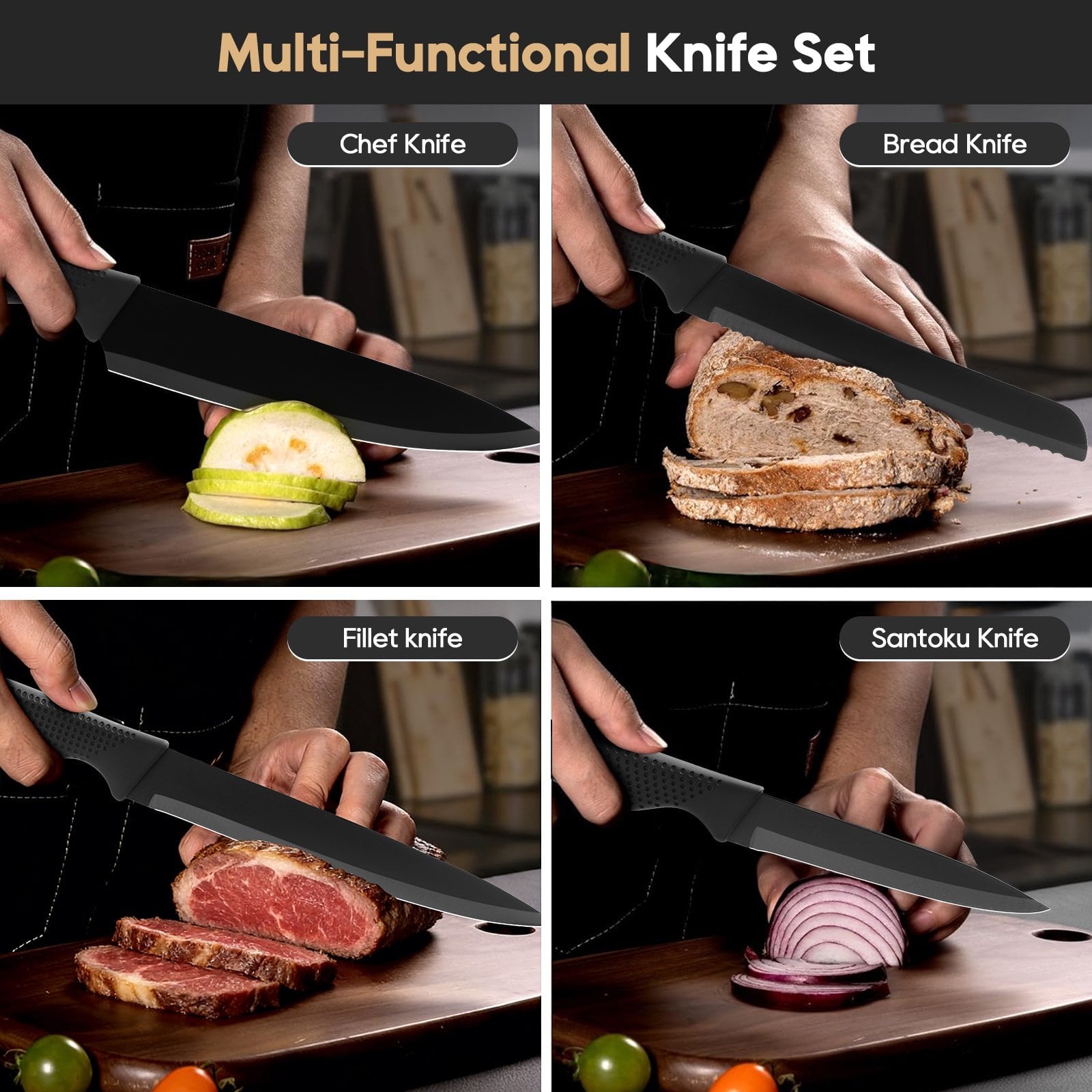 ACMETOP Knife Set, 7 Piece High Carbon Stainless Steel Kitchen Knife Block Set with Built in Sharpener, Black