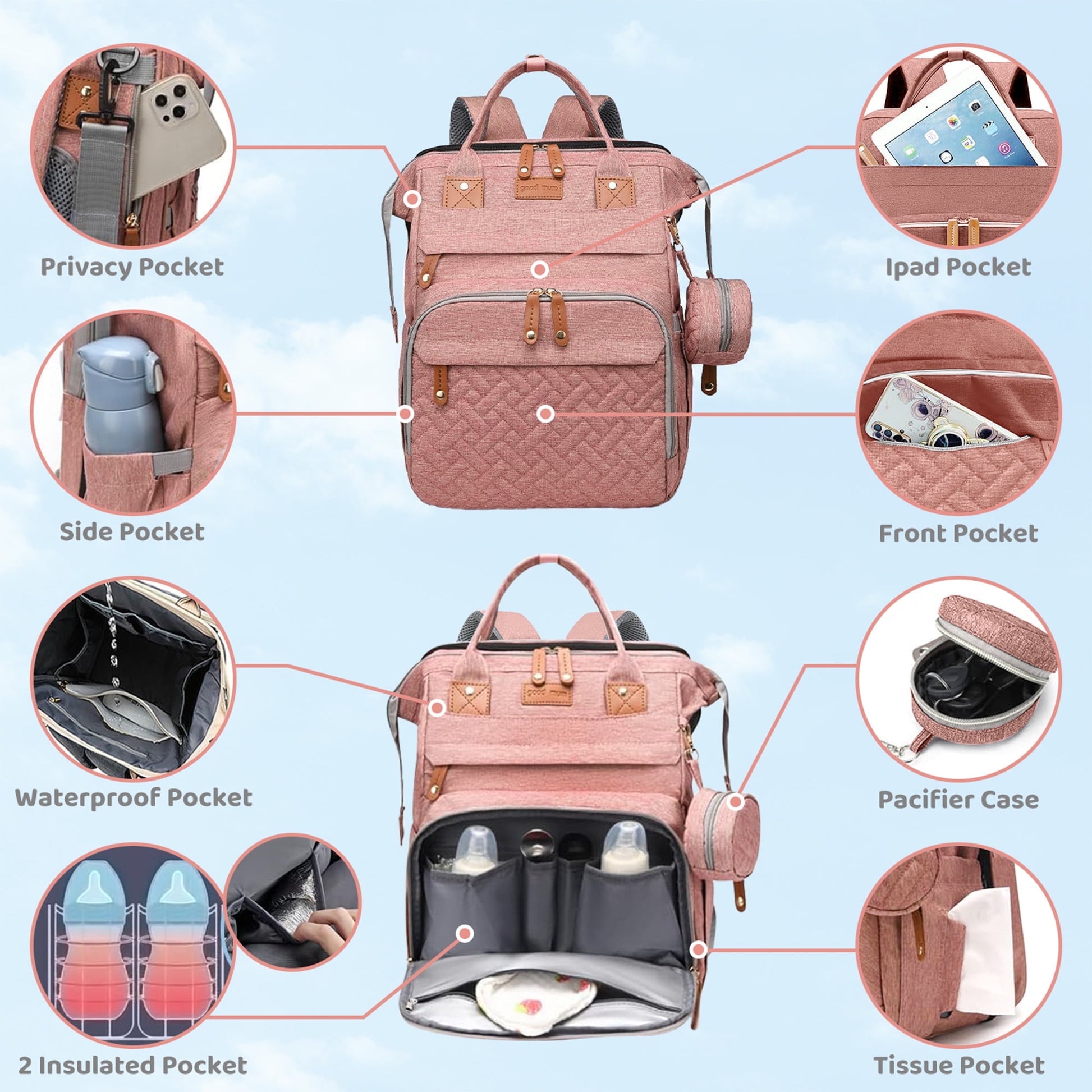 Morfone Baby Diaper Bag Backpack with Changing Station, Large Capacity Baby Bag, Waterproof Travel Backpack with USB Charging Port, Stroller Straps , Baby Shower Gifts