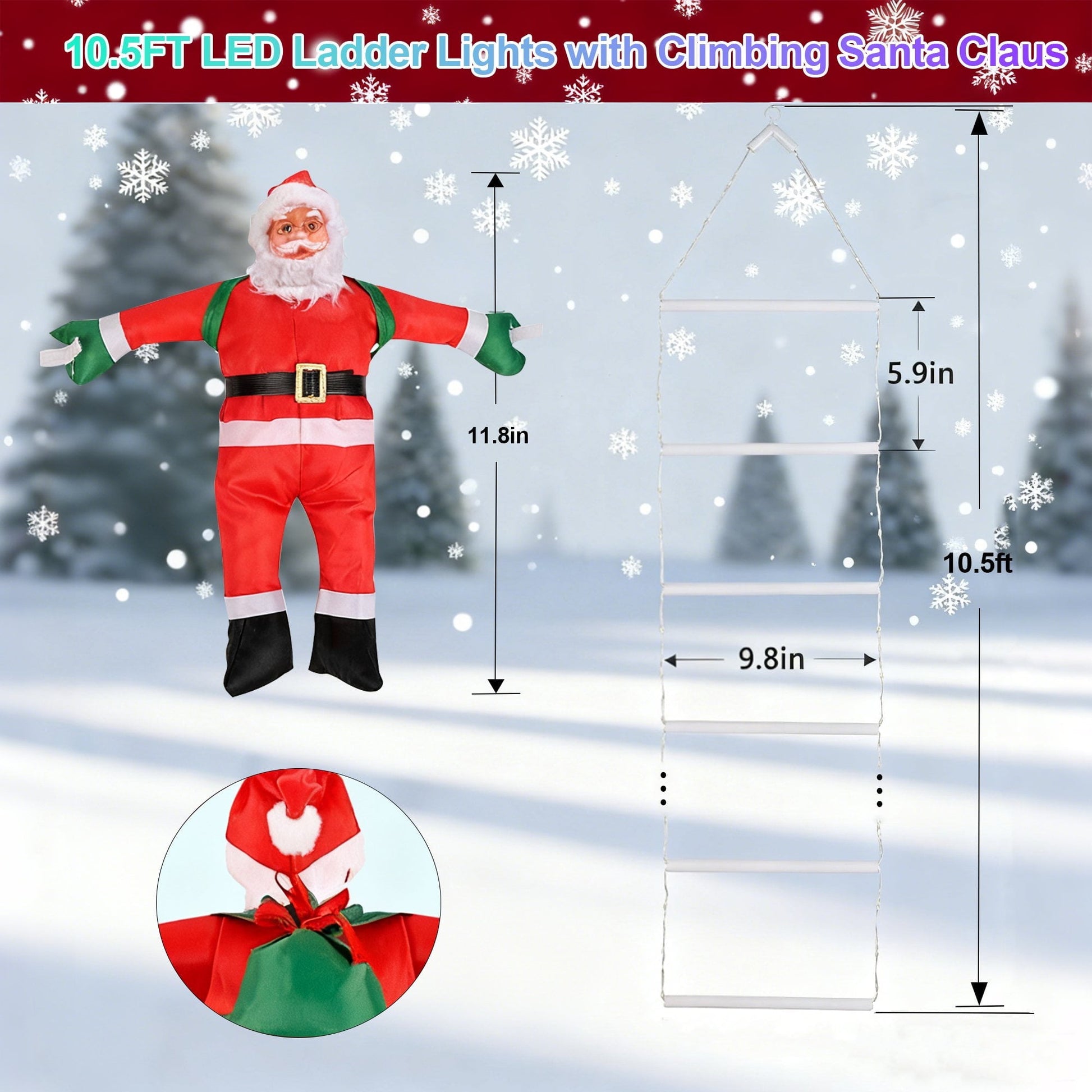 ACMETOP Christmas Decorations Santa Climbing Ladder with Lights, 10.5ft Christmas Decorative LED String Lights Outdoor Indoor for Xmas Tree Decor, Window, Garden, Home, Multicolor