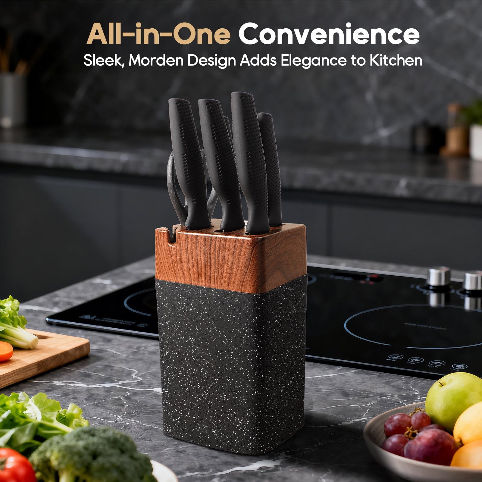ACMETOP Knife Set, 7 Piece High Carbon Stainless Steel Kitchen Knife Block Set with Built in Sharpener, Black