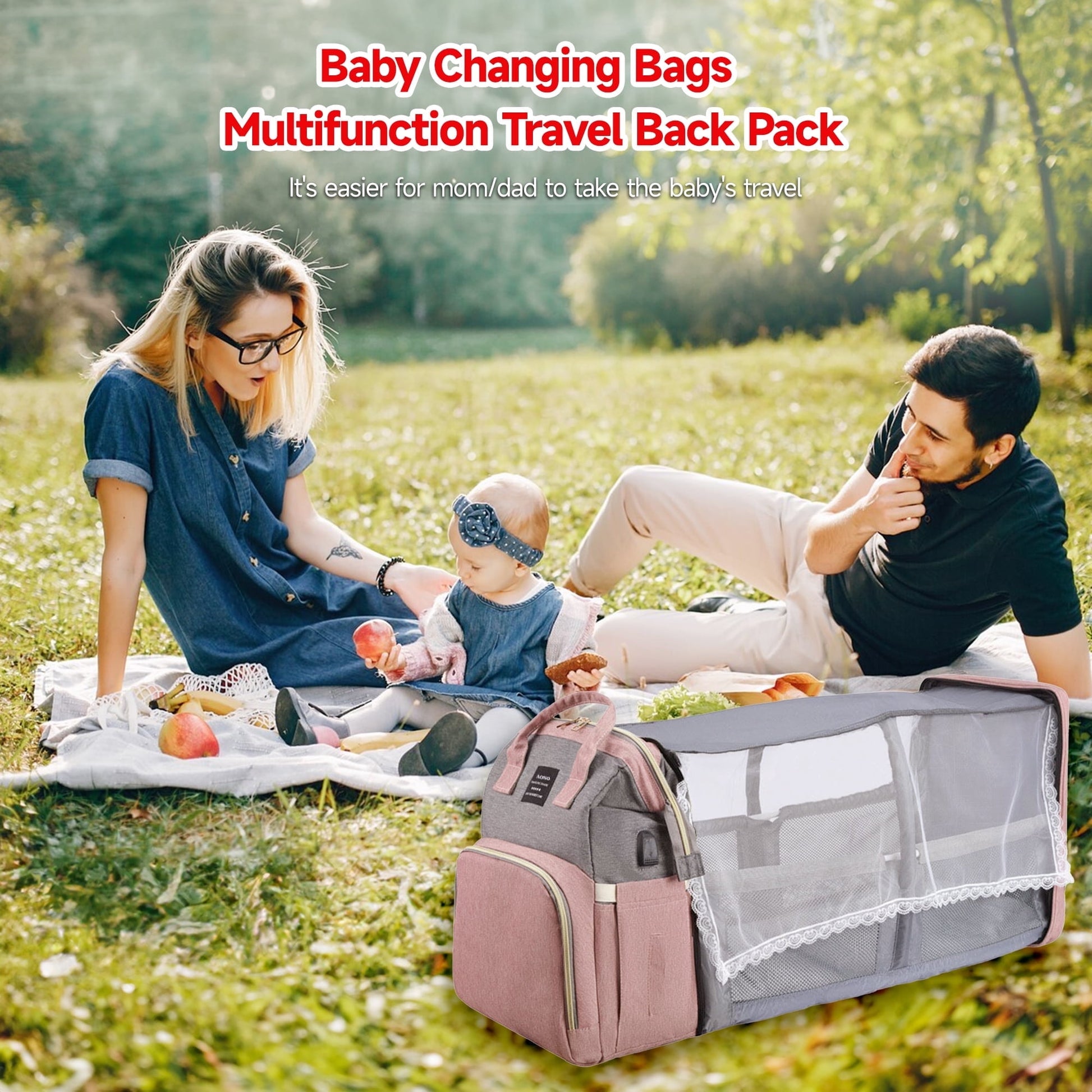 Morfone Baby Diaper Bag Backpack with Changing Station, Large Capacity Baby Bag, Waterproof Travel Backpack with USB Charging Port, Stroller Straps , Baby Shower Gifts