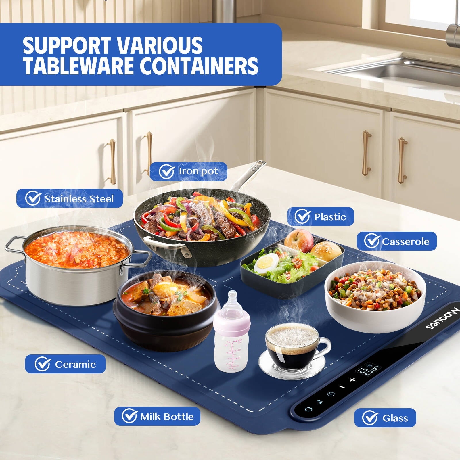 ACMETOP Food Warming Mat, Portable Silicone Electric Warming Tray, Versatile Full Surface 10s Heating Food Warmer with 7 Level Temperature & Timer for home dinner, Parties, Buffets andTravel (Beige)