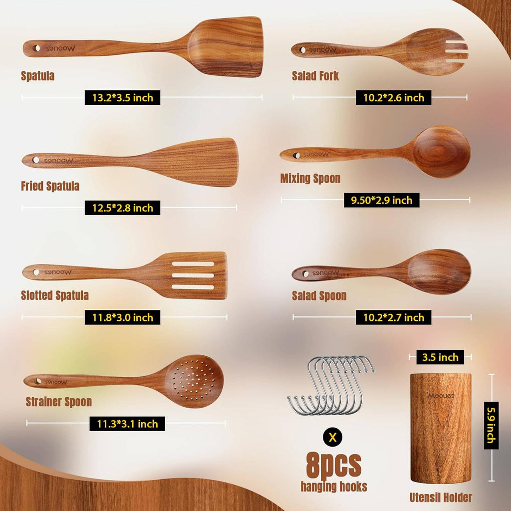 ACMETOP 6-Piece Natural Teak Wooden Spoons for Cooking With 10 Hooks，Handcrafted Kitchen Utensils Set ，Ideal Gift Set