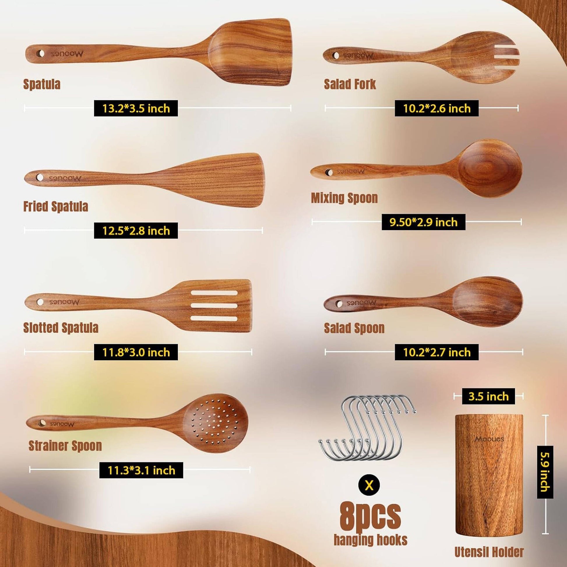 ACMETOP 6-Piece Natural Teak Wooden Spoons for Cooking With 10 Hooks，Handcrafted Kitchen Utensils Set ，Ideal Gift Set