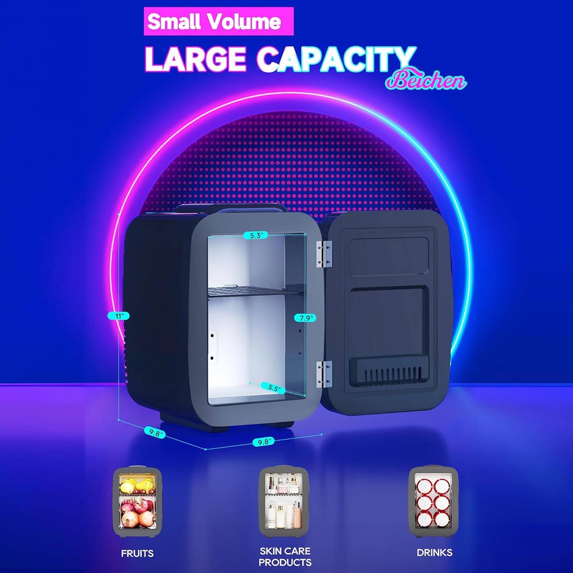 ACMETOP Mini Fridge, 4 Liter/6 Cans Small Refrigerator With Dimmable LED Light,AC/DC Portable Thermoelectric Cooler and Warmer for Bedroom,Office,Gaming room and Car