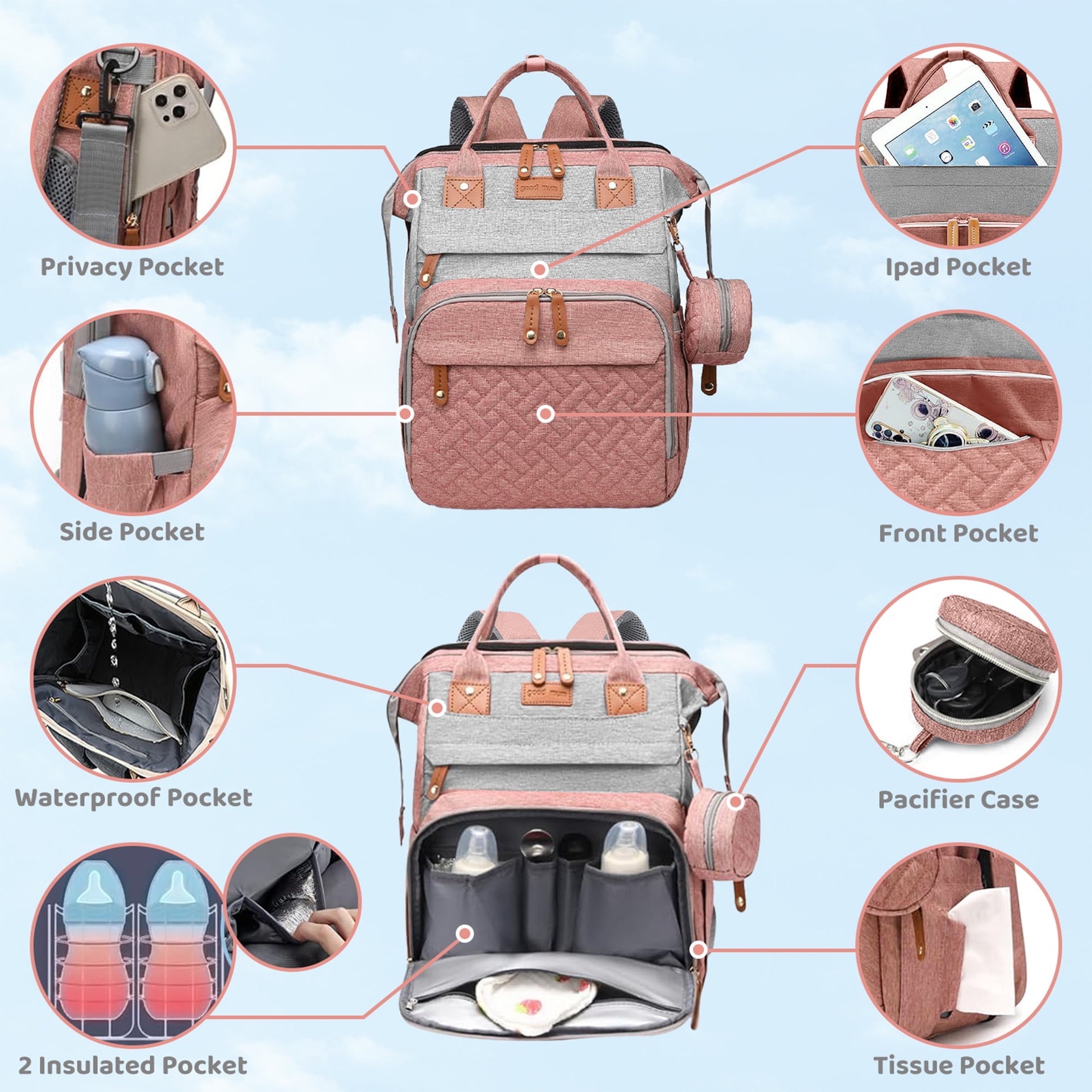Morfone Baby Diaper Bag Backpack with Changing Station, Large Capacity Baby Bag, Waterproof Travel Backpack with USB Charging Port, Stroller Straps , Baby Shower Gifts
