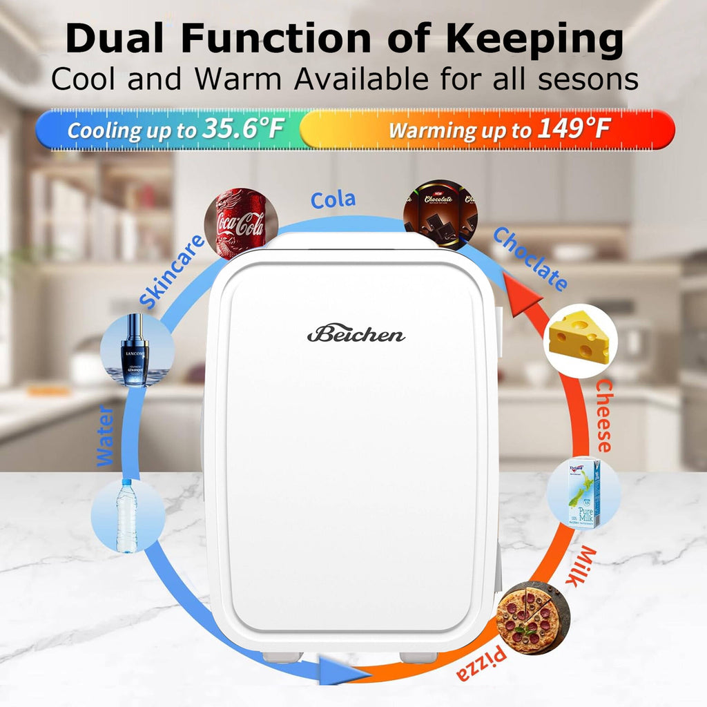 BEICHEN Mini Fridge, 4L/6 Can Small Refrigerator for Bedroom, Car, Office & Dorm,110V AC/ 12V DC Thermoelectric Cooler and Warmer for Cosmetics, Beverage and Food