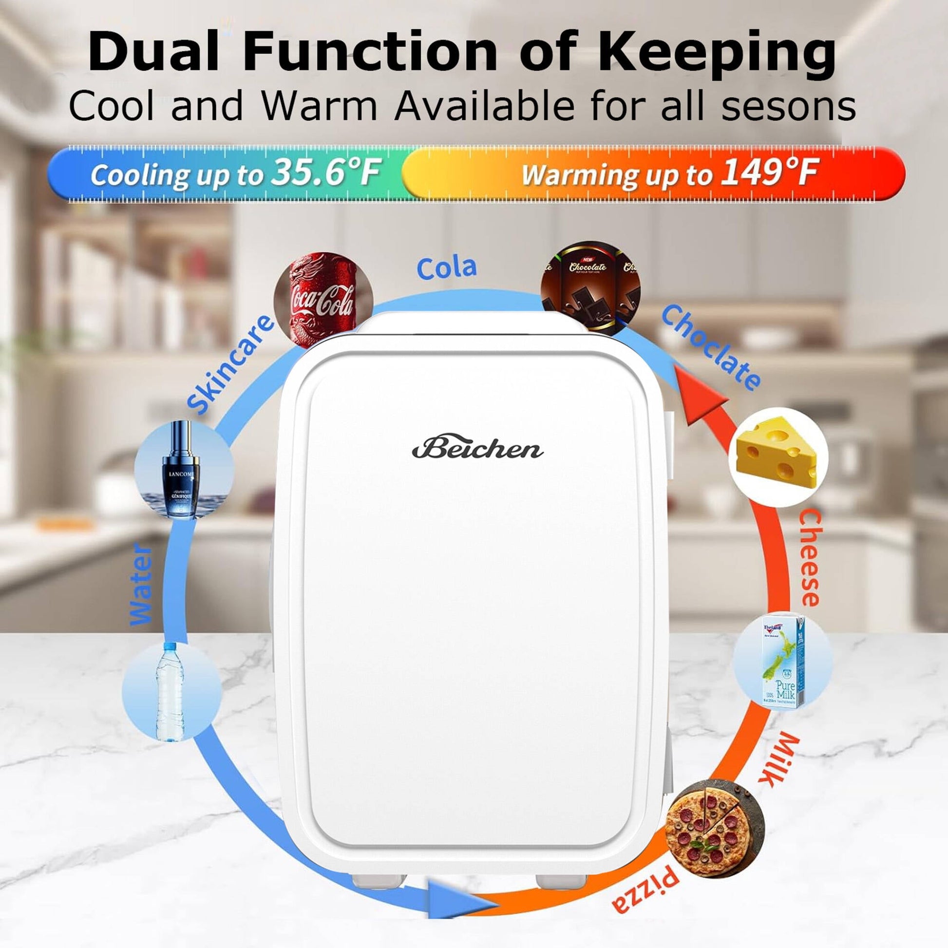 BEICHEN Mini Fridge, 4L/6 Can Small Refrigerator for Bedroom, Car, Office & Dorm,110V AC/ 12V DC Thermoelectric Cooler and Warmer for Cosmetics, Beverage and Food