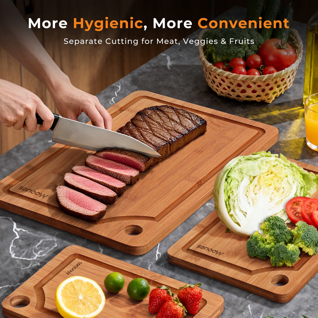 ACMETOP Wooden Cutting Boards for Kitchen, Reversible Deep-Carbonized Bamboo Cutting Board with Juice Groove, Knife-Friendly, Kitchen Gift (3 Pcs)