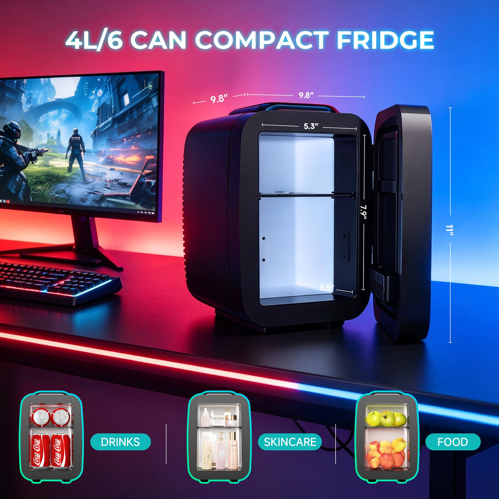 BEICHEN Mini Fridge, 4L/6 Can Small Beverage Refrigerator with LED Gaming Light, AC/DC Portable Cooler & Warmer for Bedroom, Office, Dorm, Car