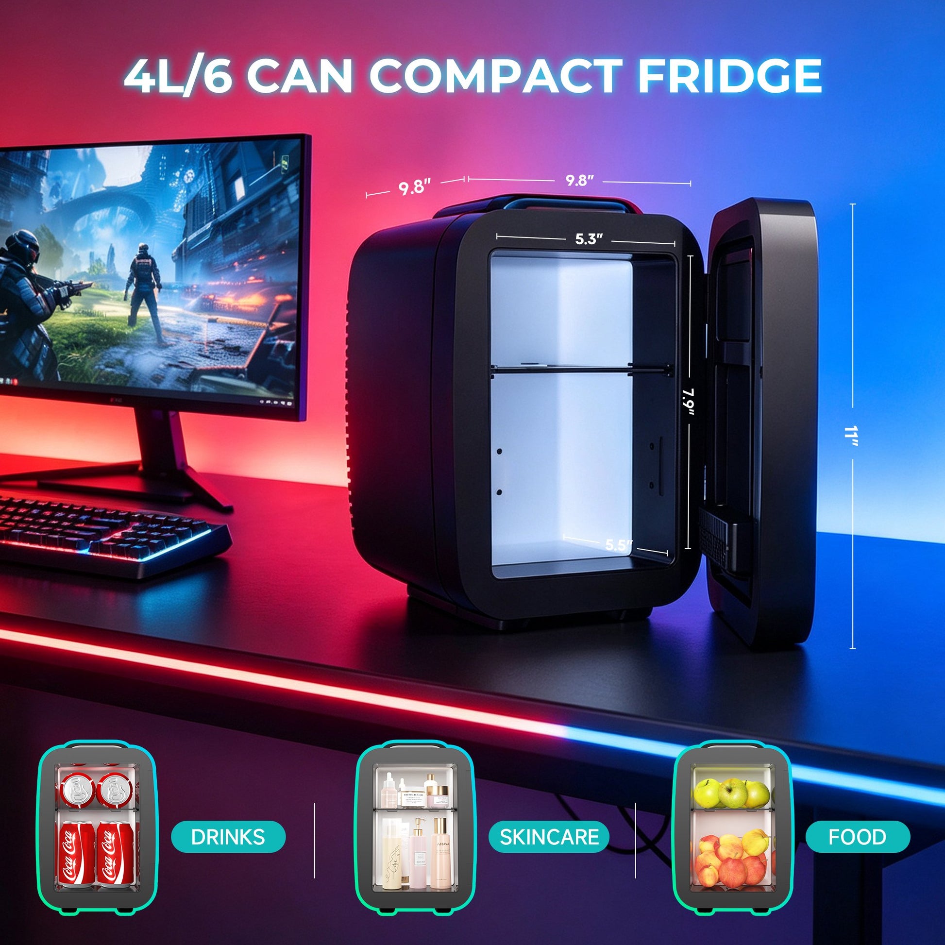 BEICHEN Mini Fridge, 4L/6 Can Small Beverage Refrigerator with LED Gaming Light, AC/DC Portable Cooler & Warmer for Bedroom, Office, Dorm, Car