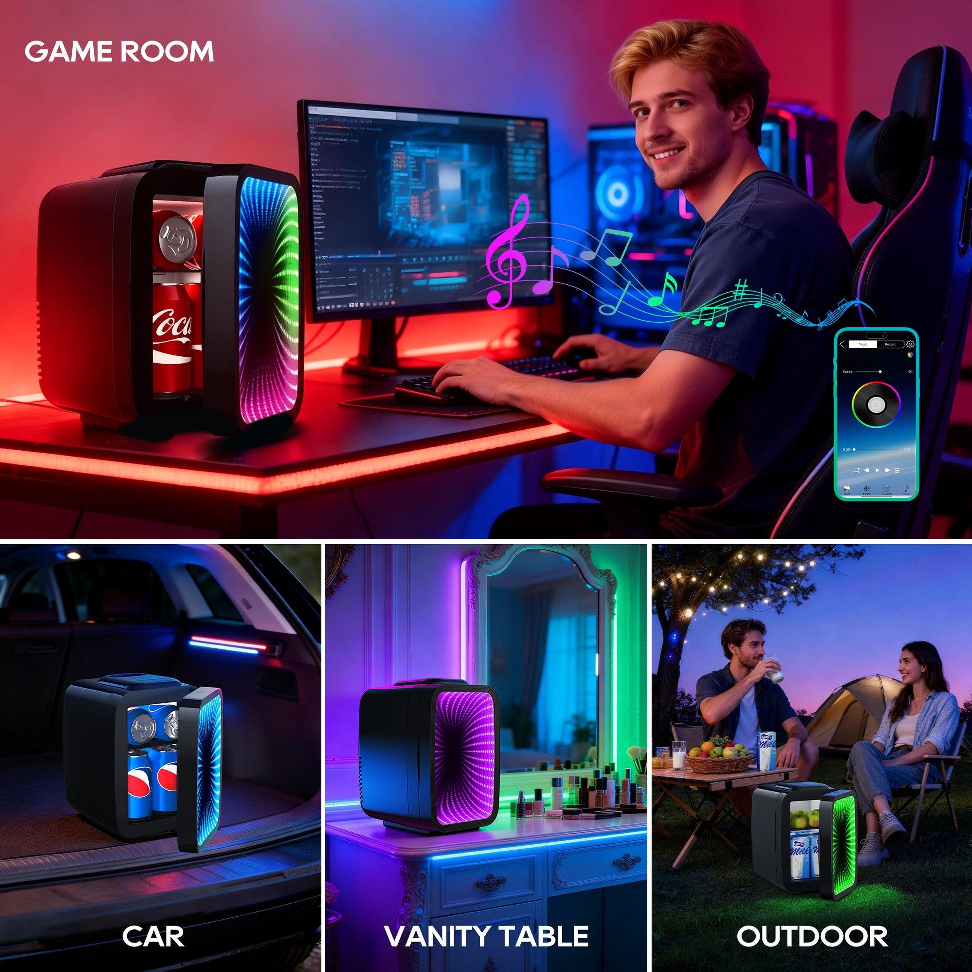 BEICHEN Mini Fridge, 4L/6 Can Small Beverage Refrigerator with LED Gaming Light, AC/DC Portable Cooler & Warmer for Bedroom, Office, Dorm, Car