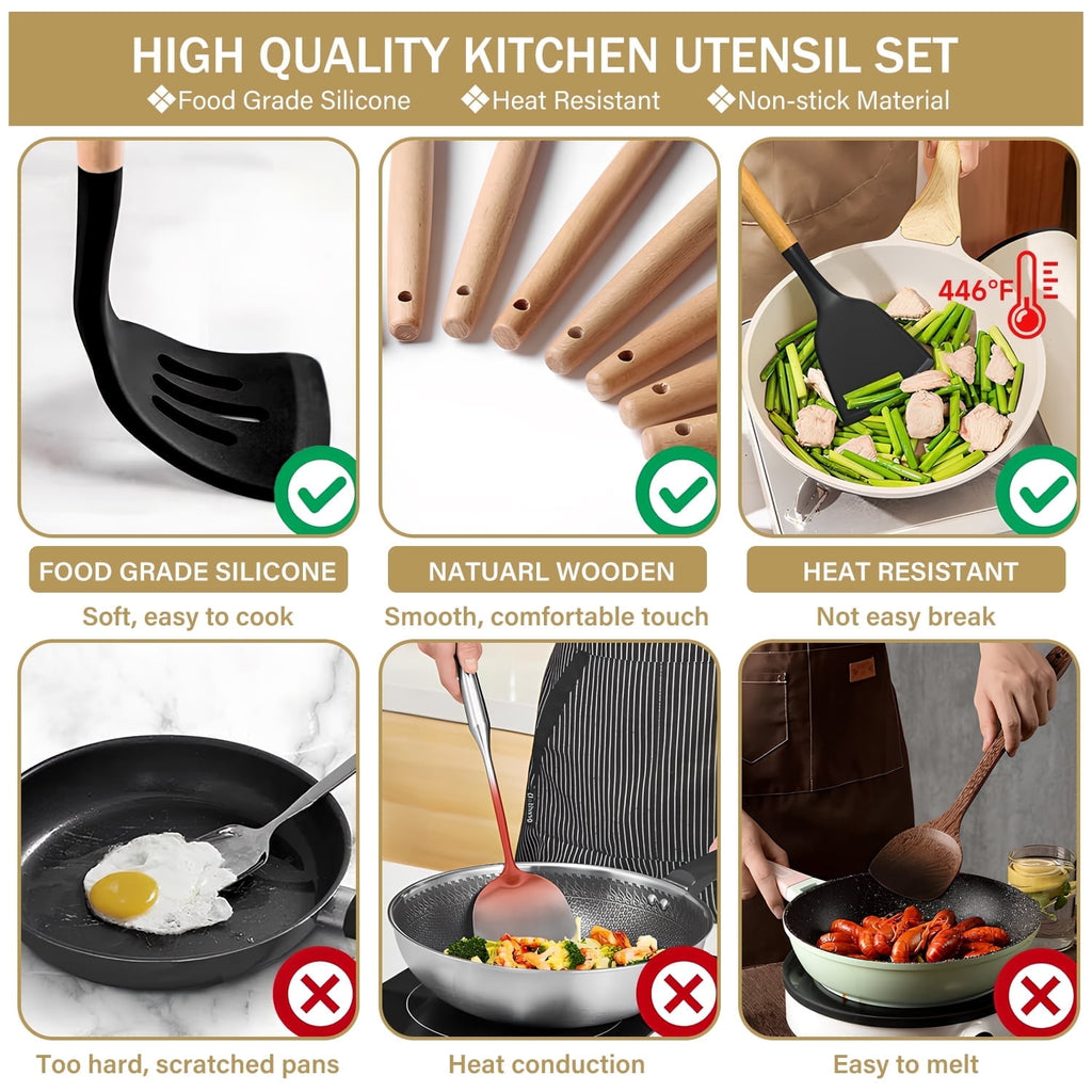 ACMETOP 19 Pieces Kitchen Utensils Set-11 Silicone Cooking Utensils Set, 6 Stainless Steel Sharp Knife set, 2 Cutting Board and Holder (Pink)