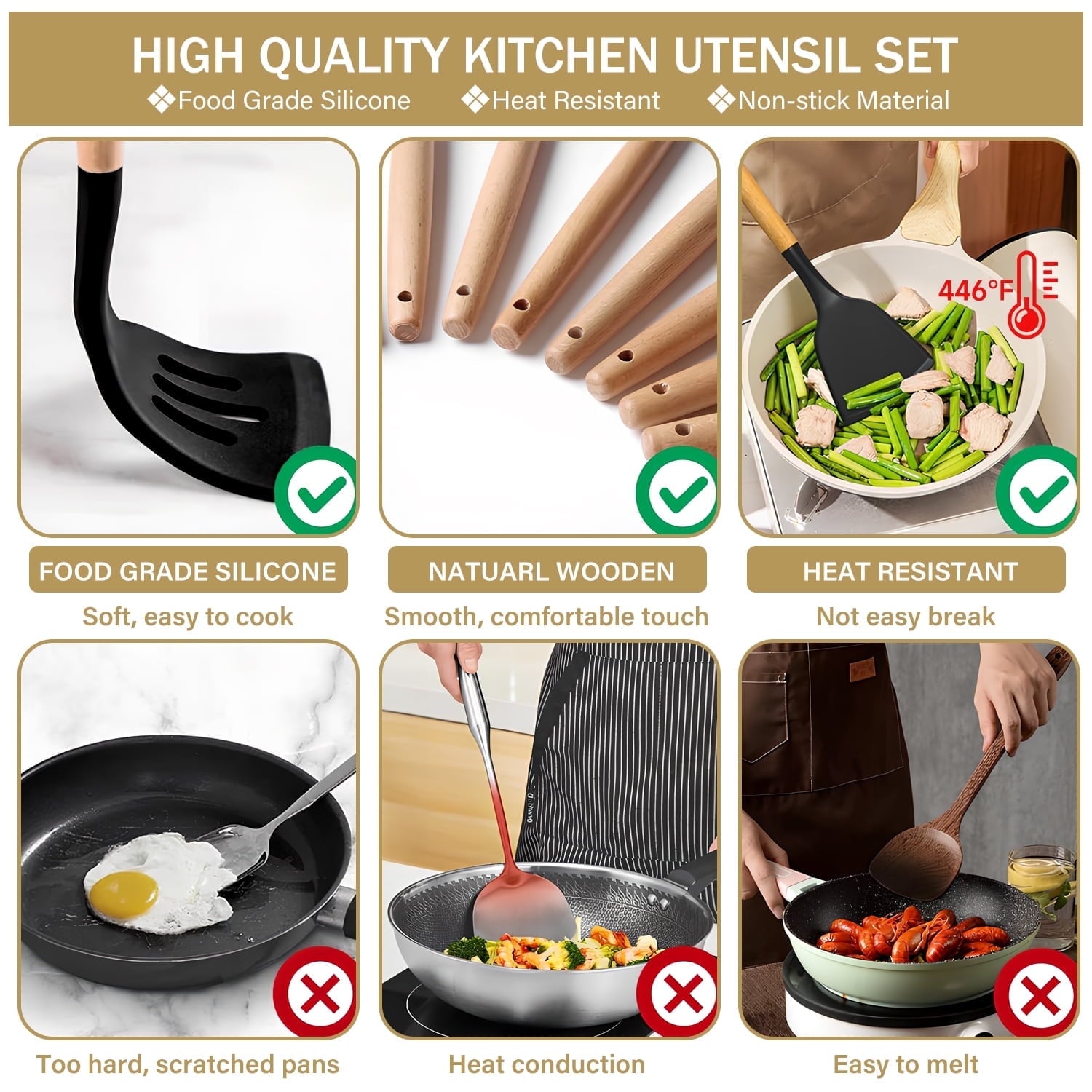 ACMETOP 19 Pieces Kitchen Utensils Set-11 Silicone Cooking Utensils Set, 6 Stainless Steel Sharp Knife set, 2 Cutting Board and Holder (Pink)