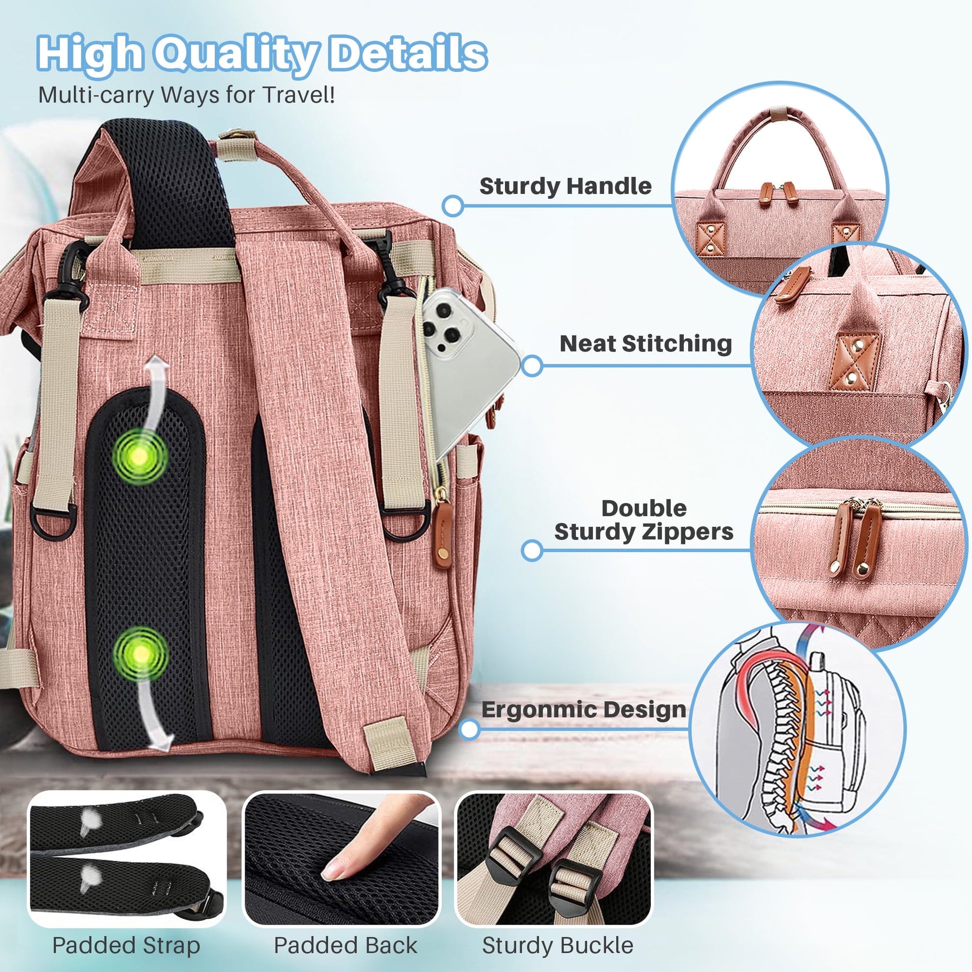 Morfone Baby Diaper Bag Backpack, Multifunction Waterproof Baby Bag with USB Charging Port, Stroller Straps & Pacifier Case Unisex