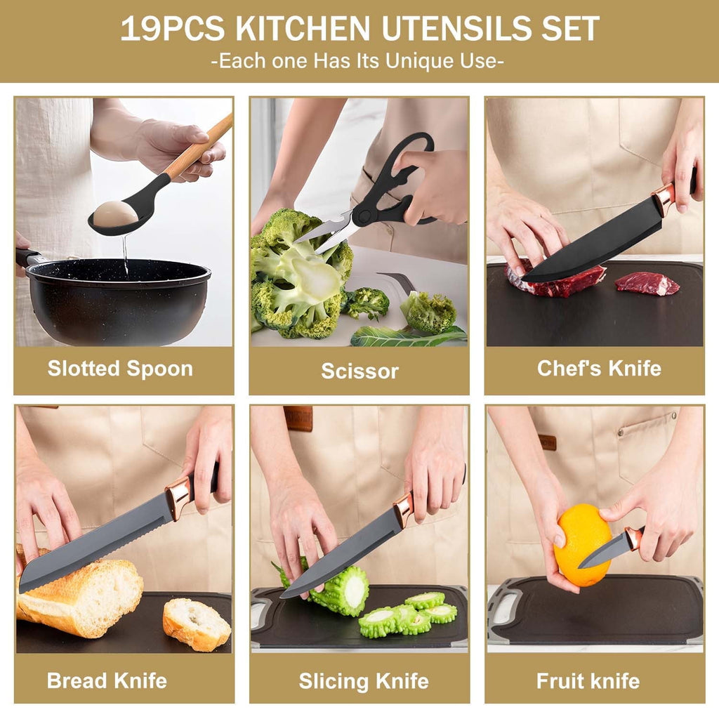 ACMETOP 19 Pieces Kitchen Utensils Set-11 Silicone Cooking Utensils Set, 6 Stainless Steel Sharp Knife set, 2 Cutting Board and Holder (Pink)