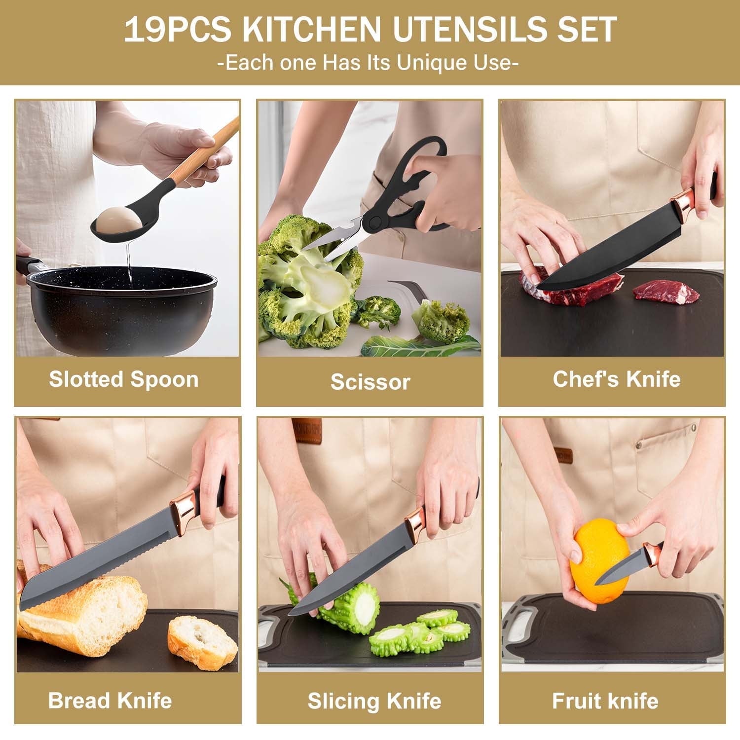 ACMETOP 19 Pieces Kitchen Utensils Set-11 Silicone Cooking Utensils Set, 6 Stainless Steel Sharp Knife set, 2 Cutting Board and Holder (Pink)