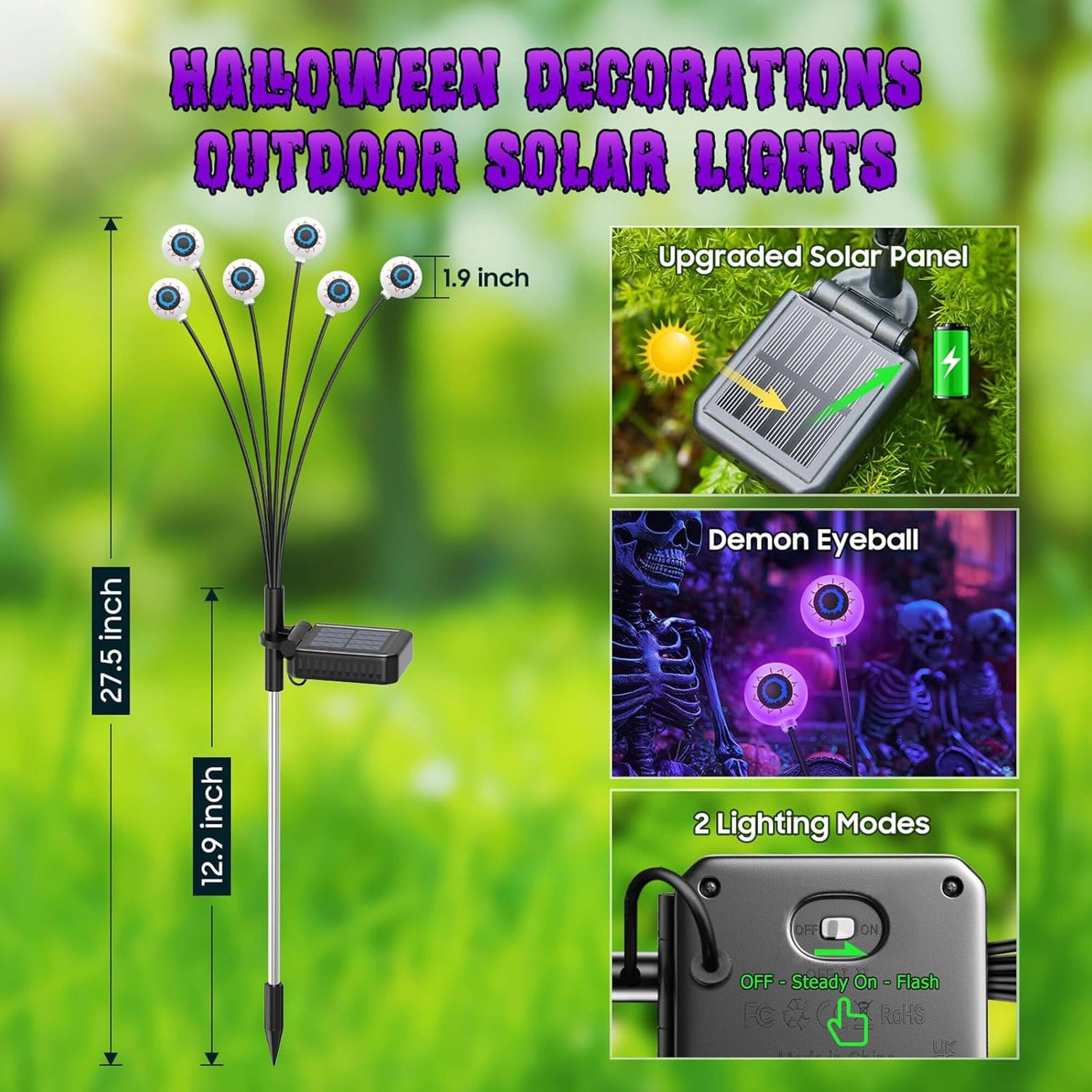 ACMETOP Halloween Decorations Outdoor, 2 Pack 12 LED Scary Eyeball Solar Halloween Lights, 2 Mode Waterproof Swaying Outside Decor, Solar Light Decorations for Garden Yard Party