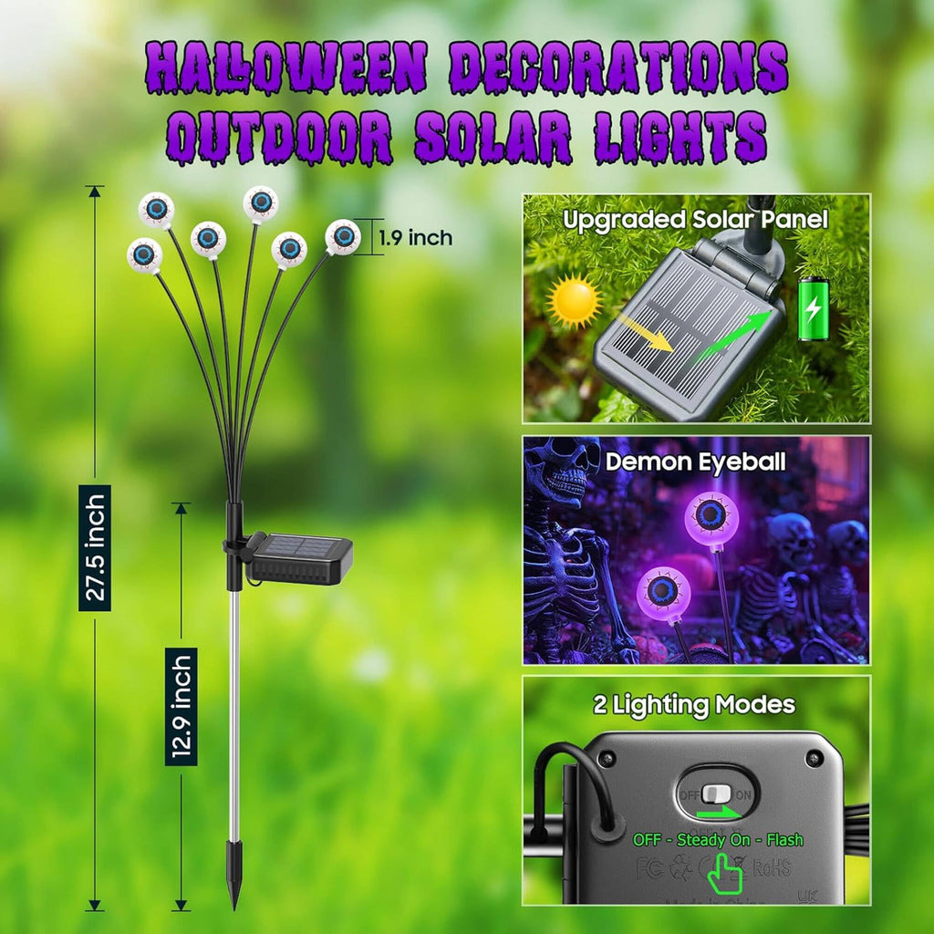 ACMETOP Halloween Decorations Outdoor, 2 Pack 12 LED Scary Eyeball Solar Halloween Lights, 2 Mode Waterproof Swaying Outside Decor, Solar Light Decorations for Garden Yard Party, Purple