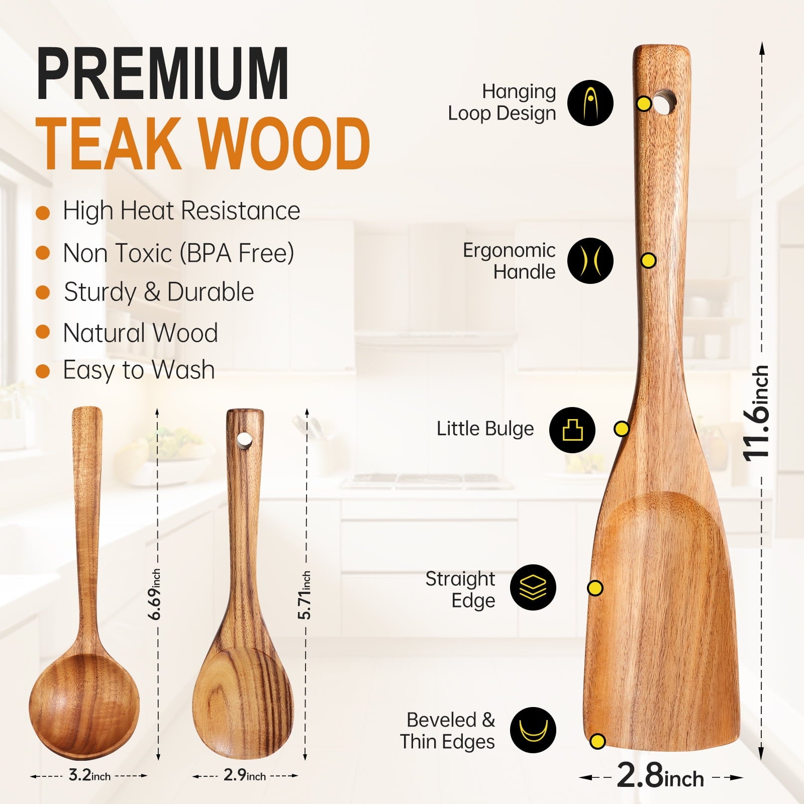 ACMETOP Wooden Spoon Utensils with Thick Handle, Set of 2, Wood Spatula for Frying Scraping and Mixing, Wooden Kitchen Cooking Utensils for Nonstick Cookware