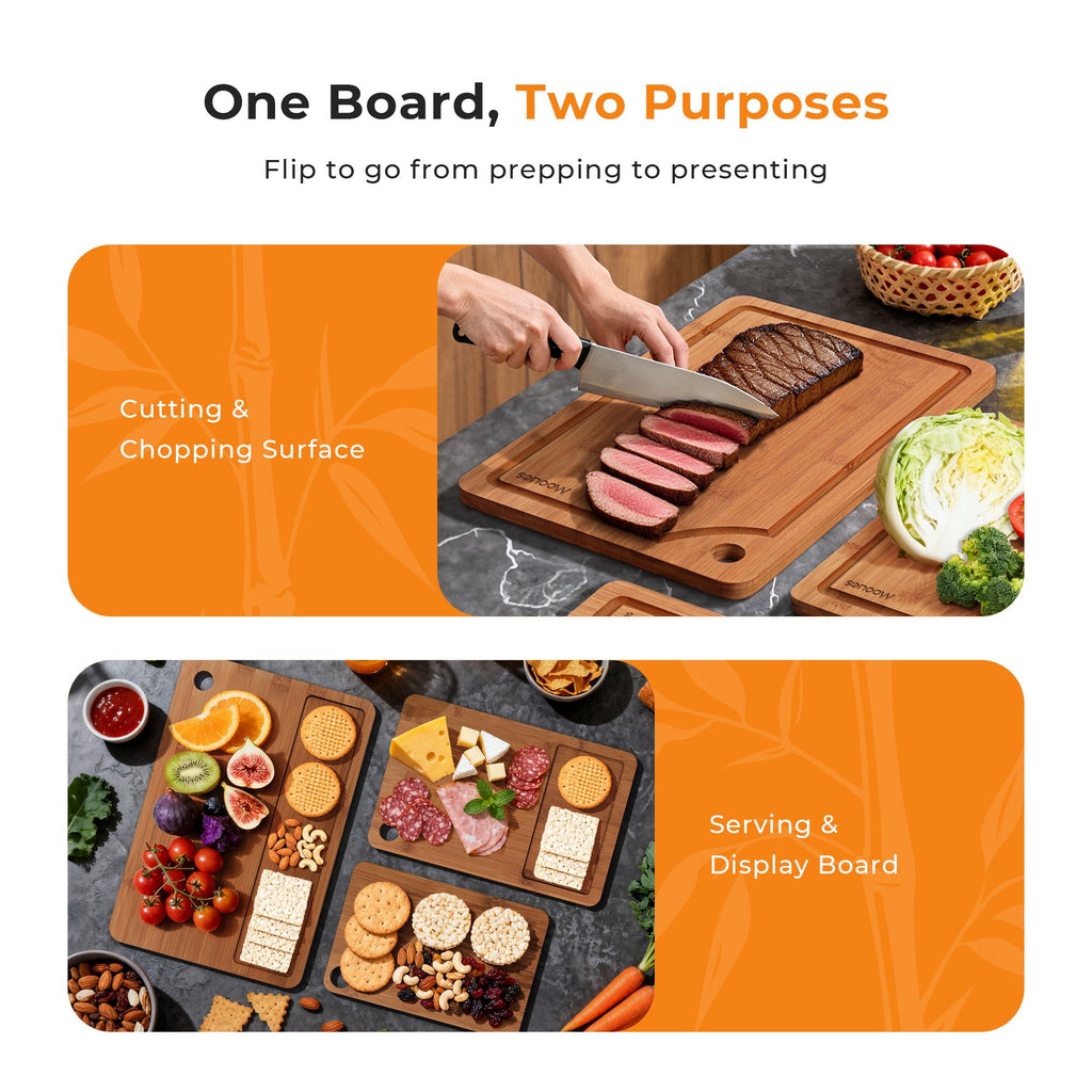 ACMETOP Wooden Cutting Boards for Kitchen, Reversible Deep-Carbonized Bamboo Cutting Board with Juice Groove, Knife-Friendly, Kitchen Gift (3 Pcs)