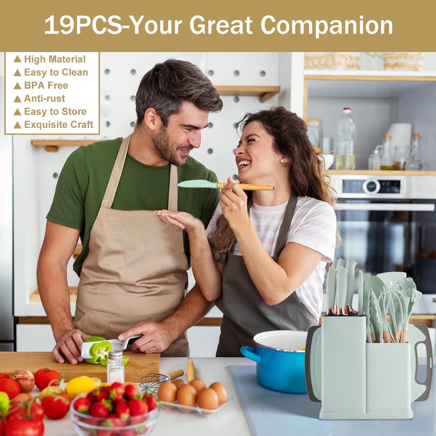 ACMETOP 19 Pieces Kitchen Utensils Set-11 Silicone Cooking Utensils Set, 6 Stainless Steel Sharp Knife set, 2 Cutting Board and Holder (Pink)