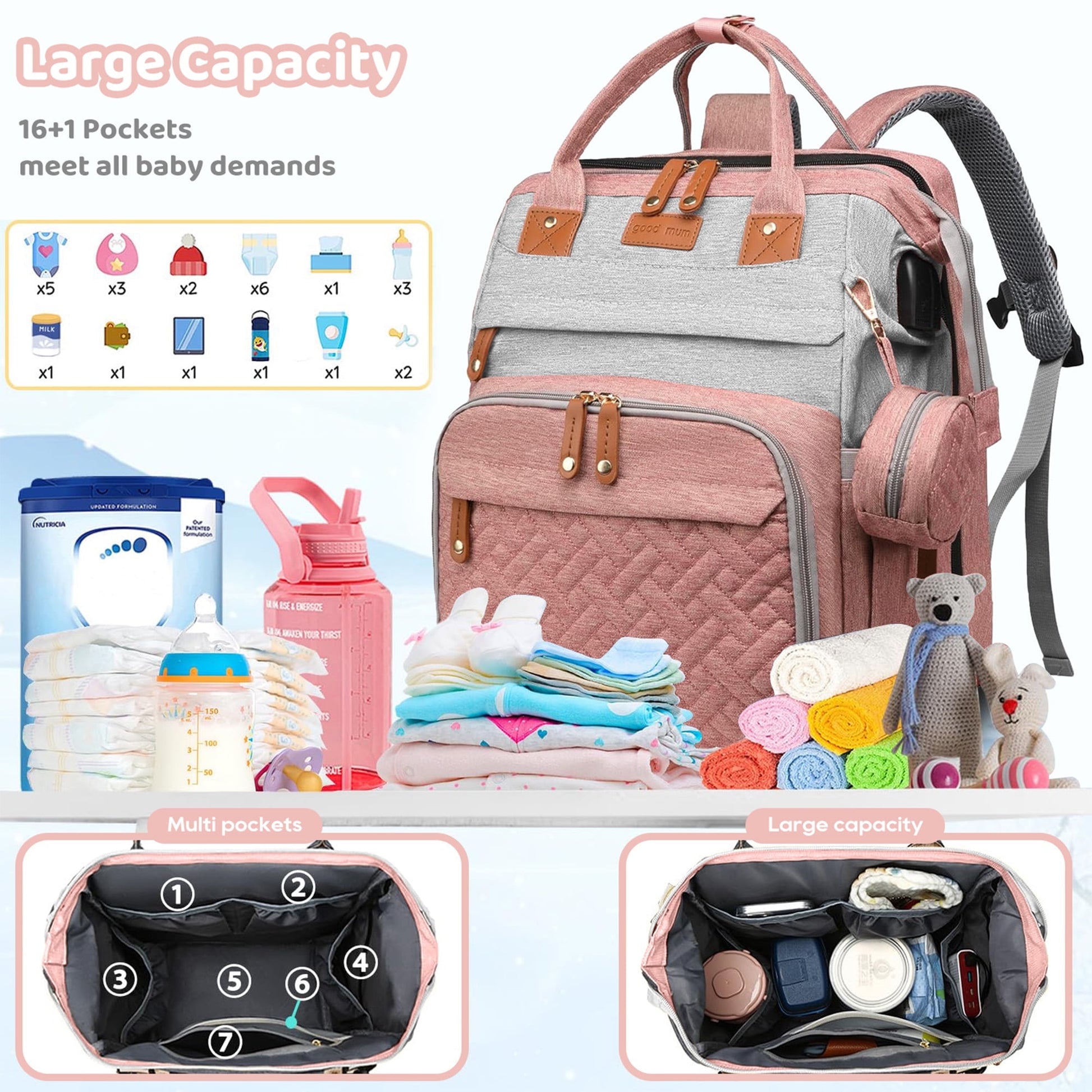 Morfone Baby Diaper Bag Backpack with Changing Station, Large Capacity Baby Bag, Waterproof Travel Backpack with USB Charging Port, Stroller Straps , Baby Shower Gifts