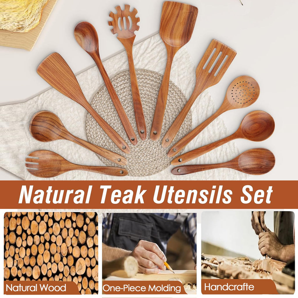 ACMETOP Wooden Spoons for Cooking, 9 Pcs Natural Teak Kitchen Utensil Set with Utensils Holder & Spoon Rest, Wooden Cooking Utensils for Nonstick Pans & Cookware