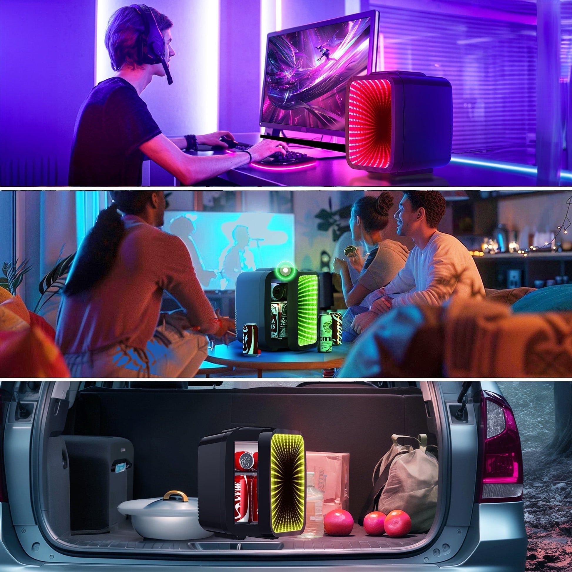 Beichen 4L Mini Fridge with 6-Color LED, Portable Cooler & Warmer for Bedroom, Office, Car – Quiet Thermoelectric Small Refrigerator for Skincare, Drinks & Gaming Room, AC/DC Powered (Black)