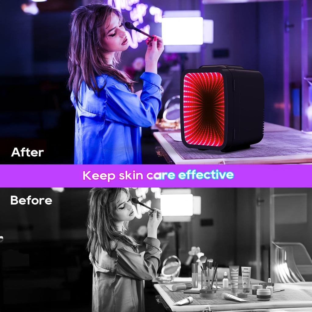 Beichen 4L Mini Fridge with 6-Color LED, Portable Cooler & Warmer for Bedroom, Office, Car – Quiet Thermoelectric Small Refrigerator for Skincare, Drinks & Gaming Room, AC/DC Powered (Black)