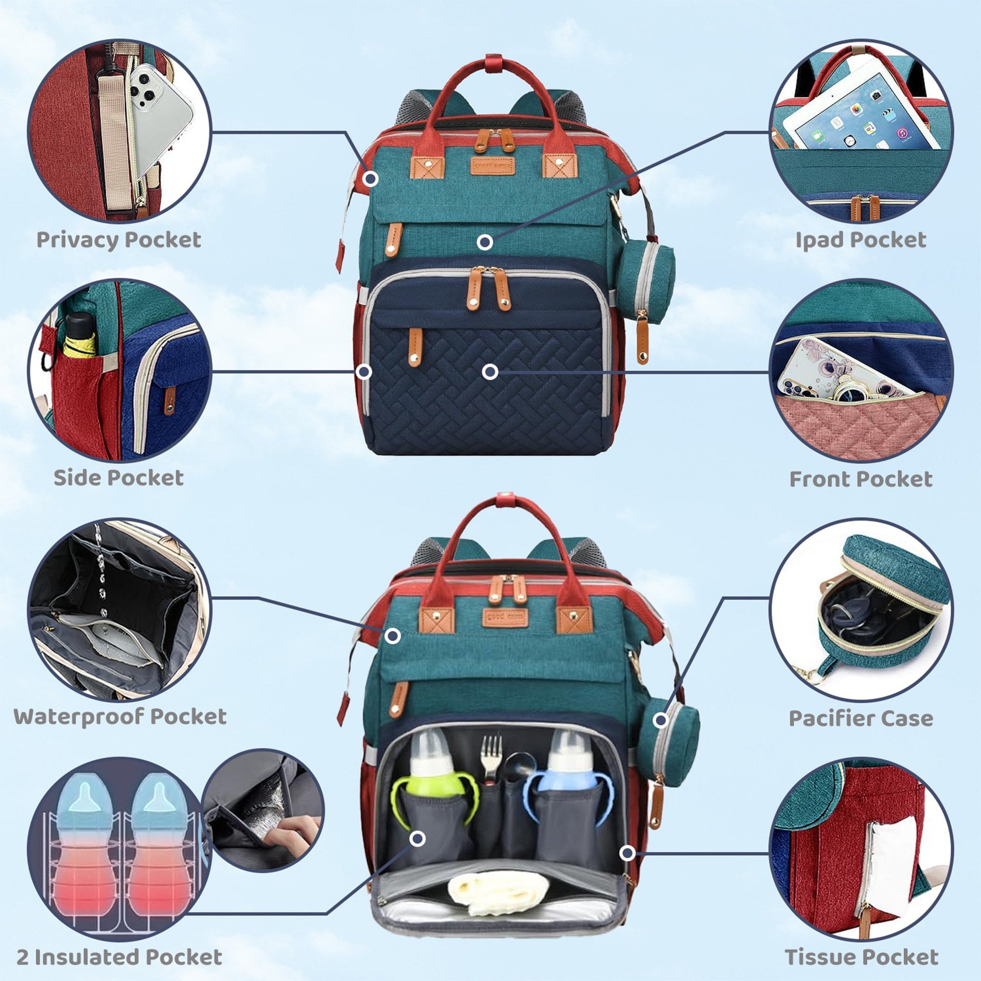 Morfone Baby Diaper Bag Backpack with Changing Station, Large Capacity Baby Bag, Waterproof Travel Backpack with USB Charging Port, Stroller Straps , Baby Shower Gifts