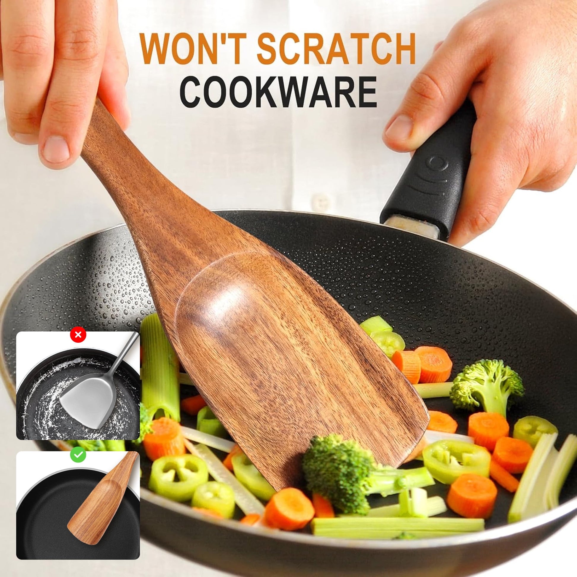 ACMETOP Wooden Spoon Utensils with Thick Handle, Set of 2, Wood Spatula for Frying Scraping and Mixing, Wooden Kitchen Cooking Utensils for Nonstick Cookware